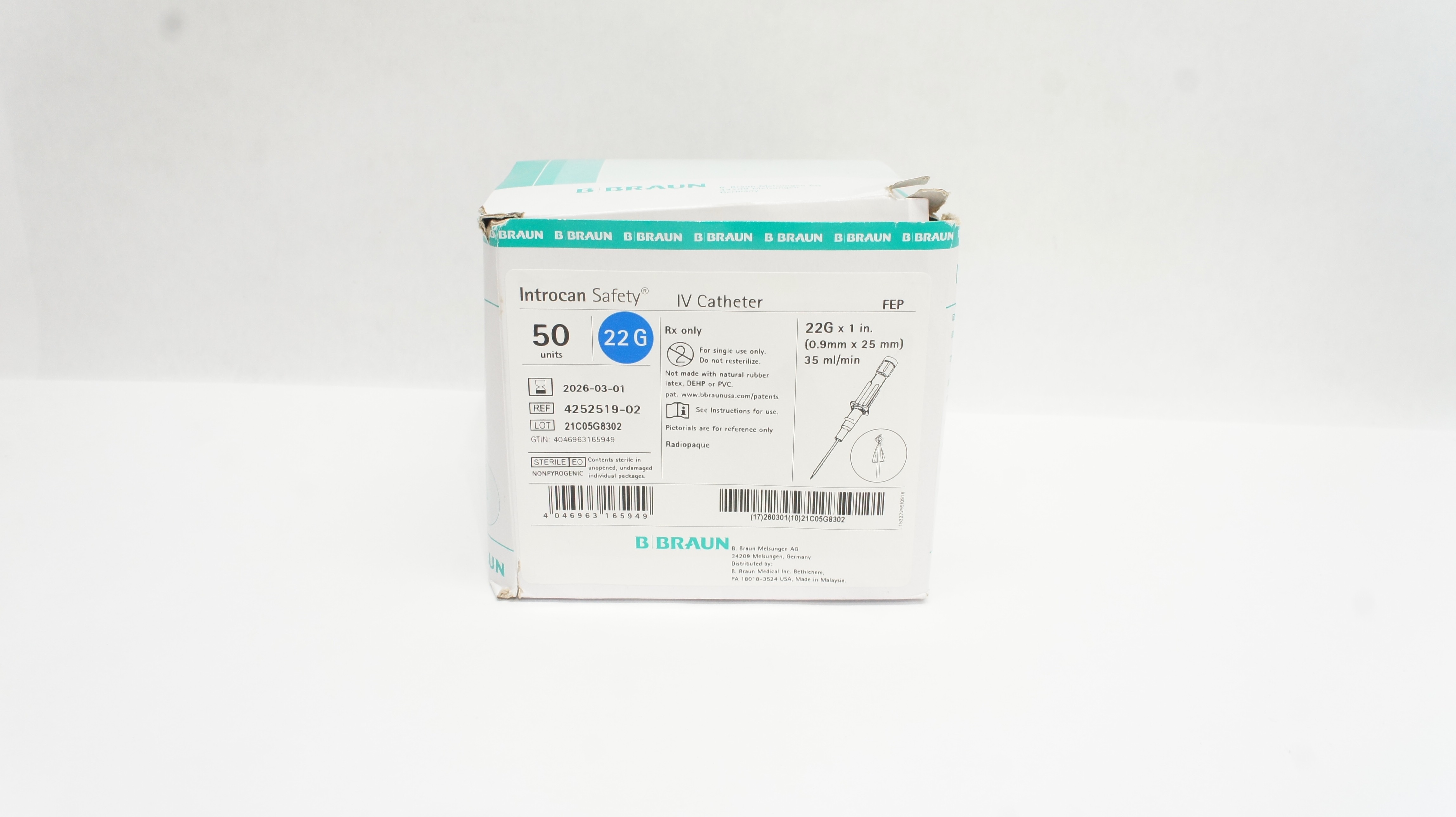 B.Braun 4252519-02 Safety IV Cath. 22G x 1inch x 35ml/min - Box of 36