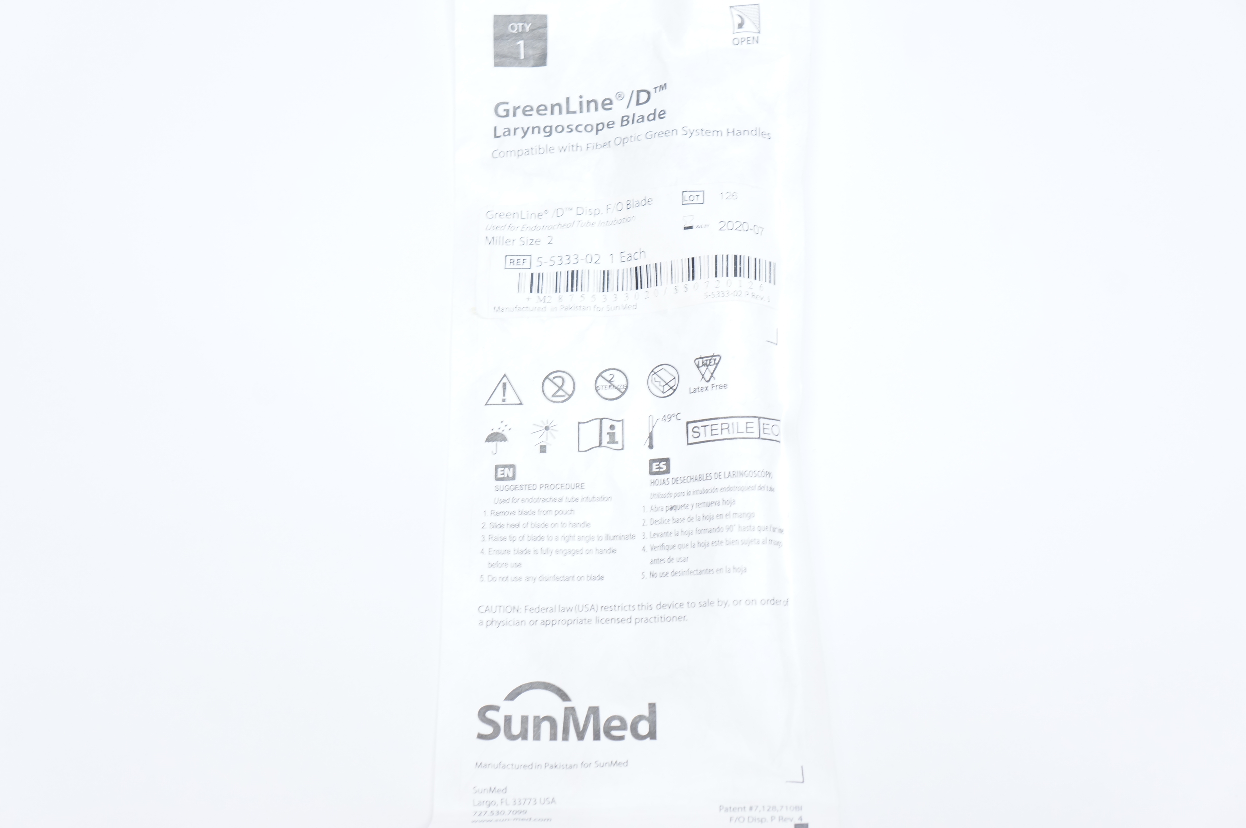 SunMed 5-5333-02 GreenLine/D Premature Fiber Optic Blade Miller, Size 2 (x)