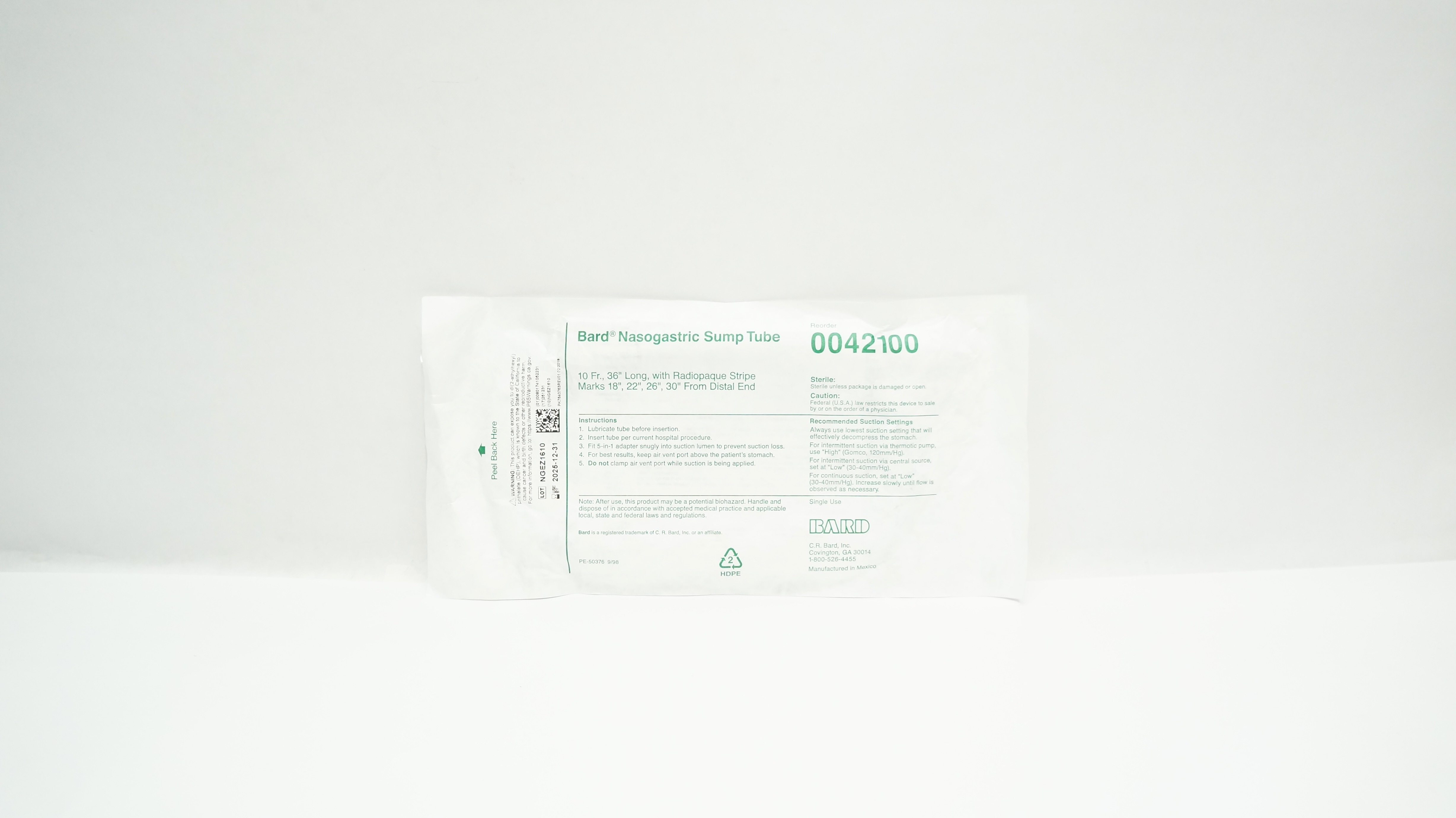 Bard 0042100 Nasogastric Sump Tube with Radiopaque Stripe Marks 10Fr x 36inch