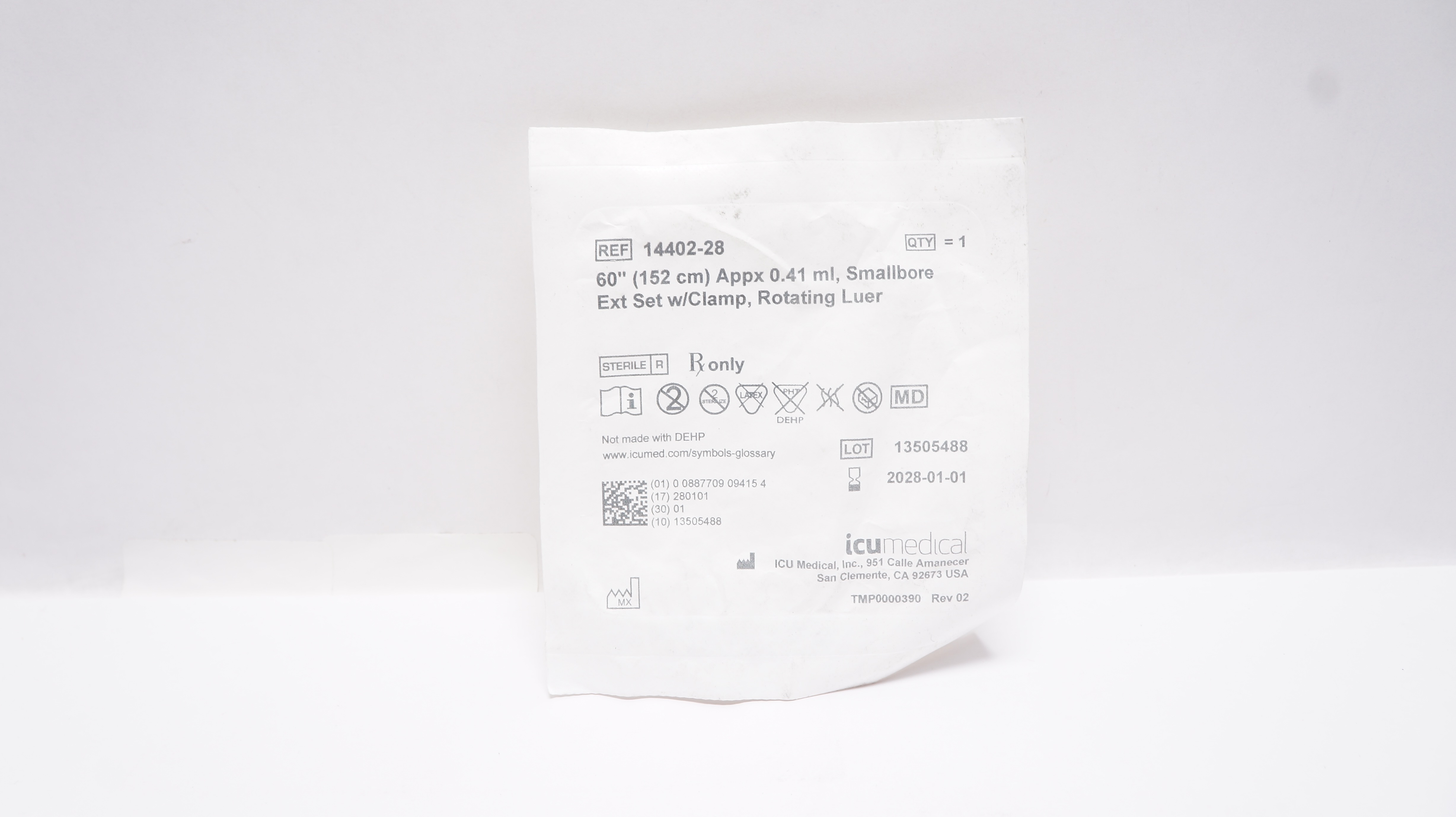 ICU Medical 14402-28 Smallbore Extension Set W/Clamp Rotating Luer 60inchx0.41mL