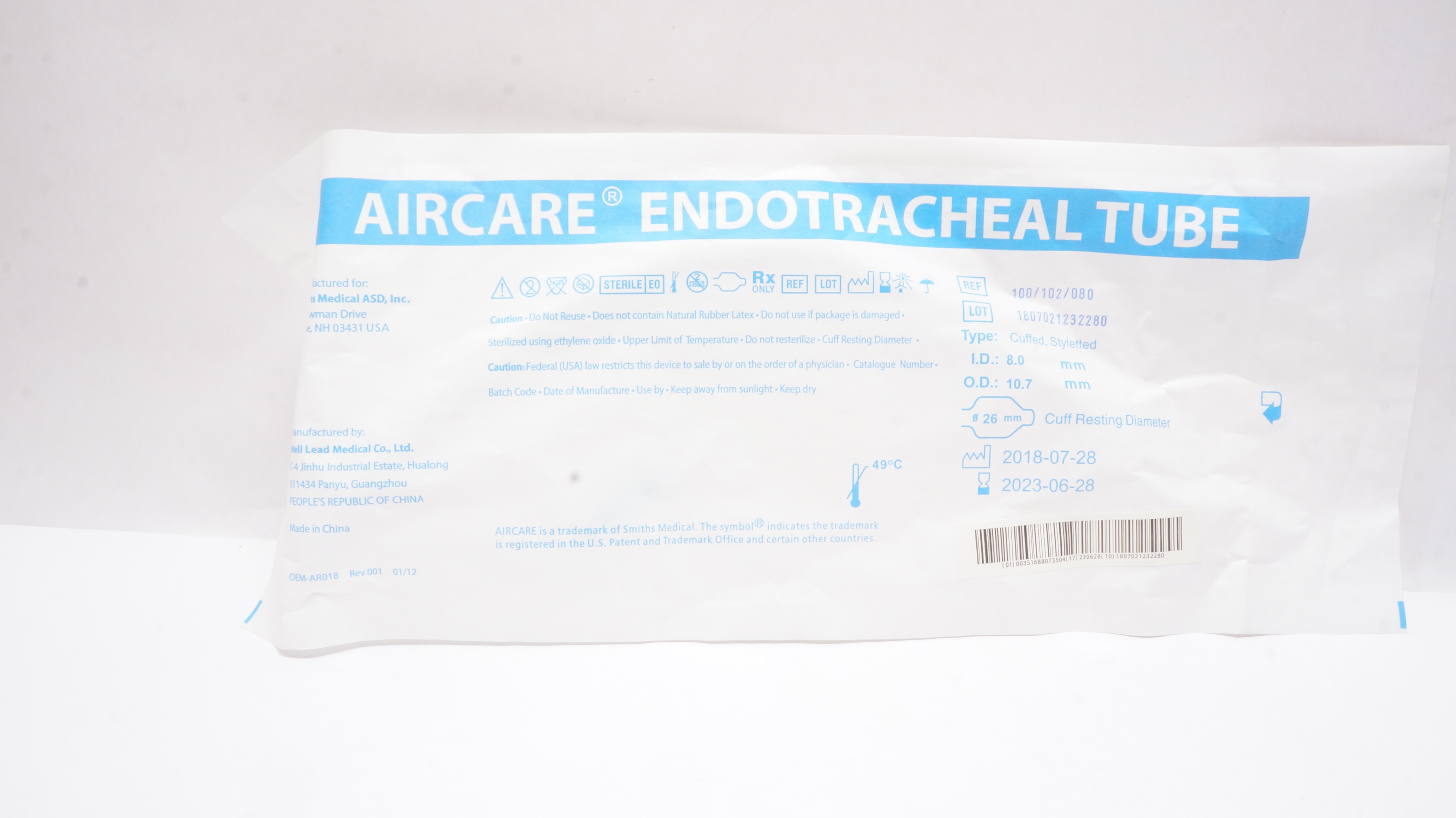 Smiths Medical 100/102/080 Aircare Endotracheal Tube 8.0mm x 10.7mm x 26mm