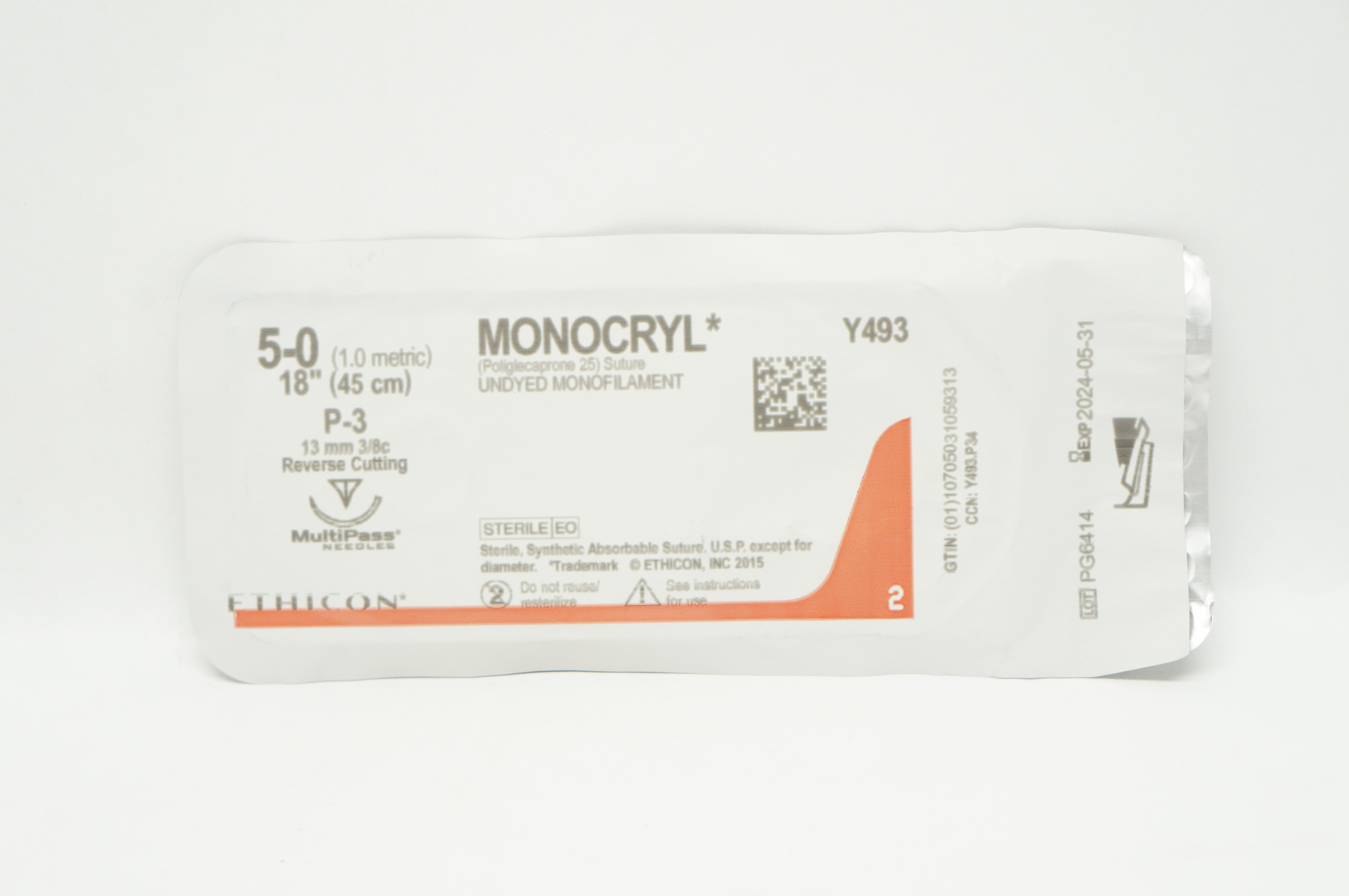 Ethicon Y493 5-0 Monocryl Stre P-3 13mm 3//8c Reverse Cutting, 18inch