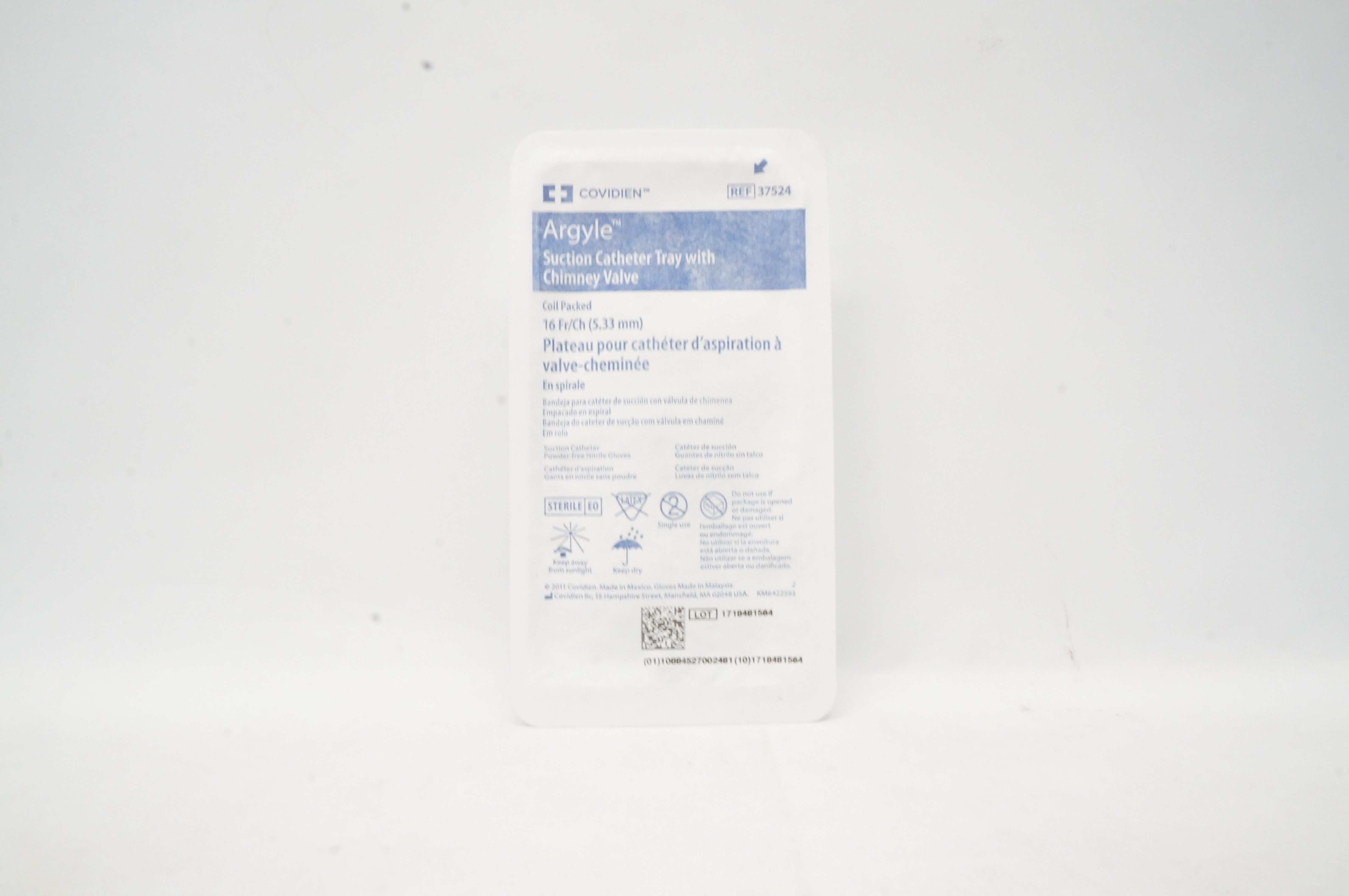 Covidien 37524 Argyle Suction Cath. Tray With Chimney Valve Coil Packed 16Fr/Ch