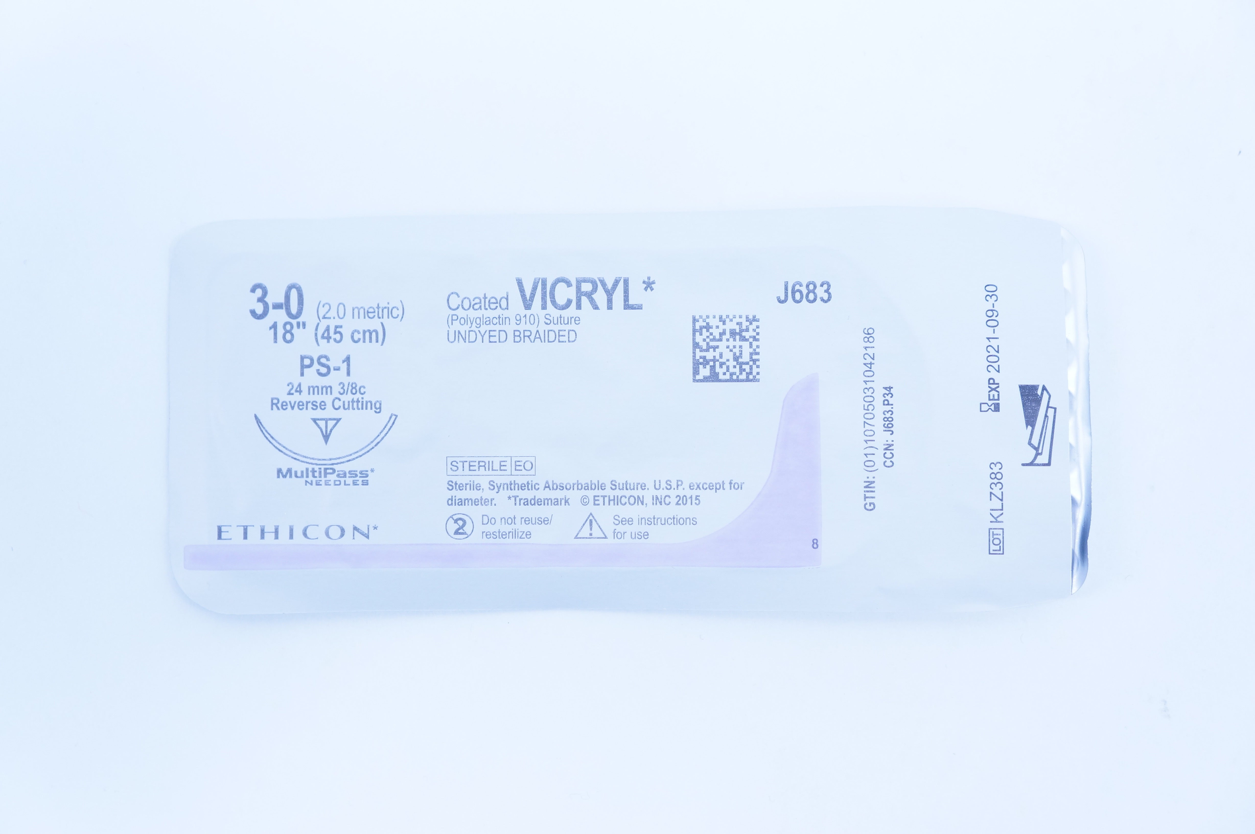 Ethicon J683 Vicryl Polyglactin 910 Stre. Undyed Braided PS-1 18inch