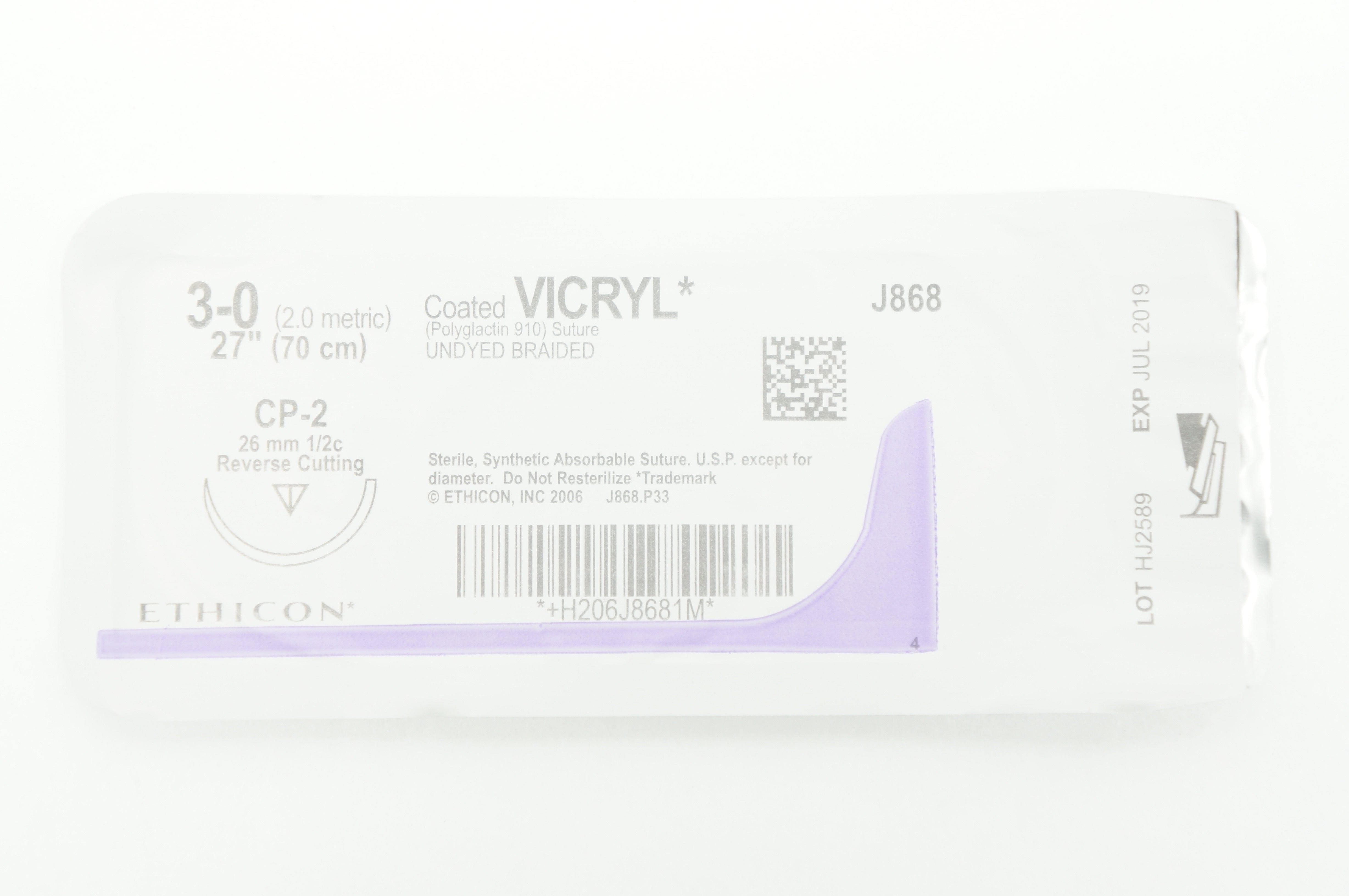 Ethicon J868 3-0 Coated VICRYL CP-2 26mm 1/2c Reverse Cutting 27 inch (x)