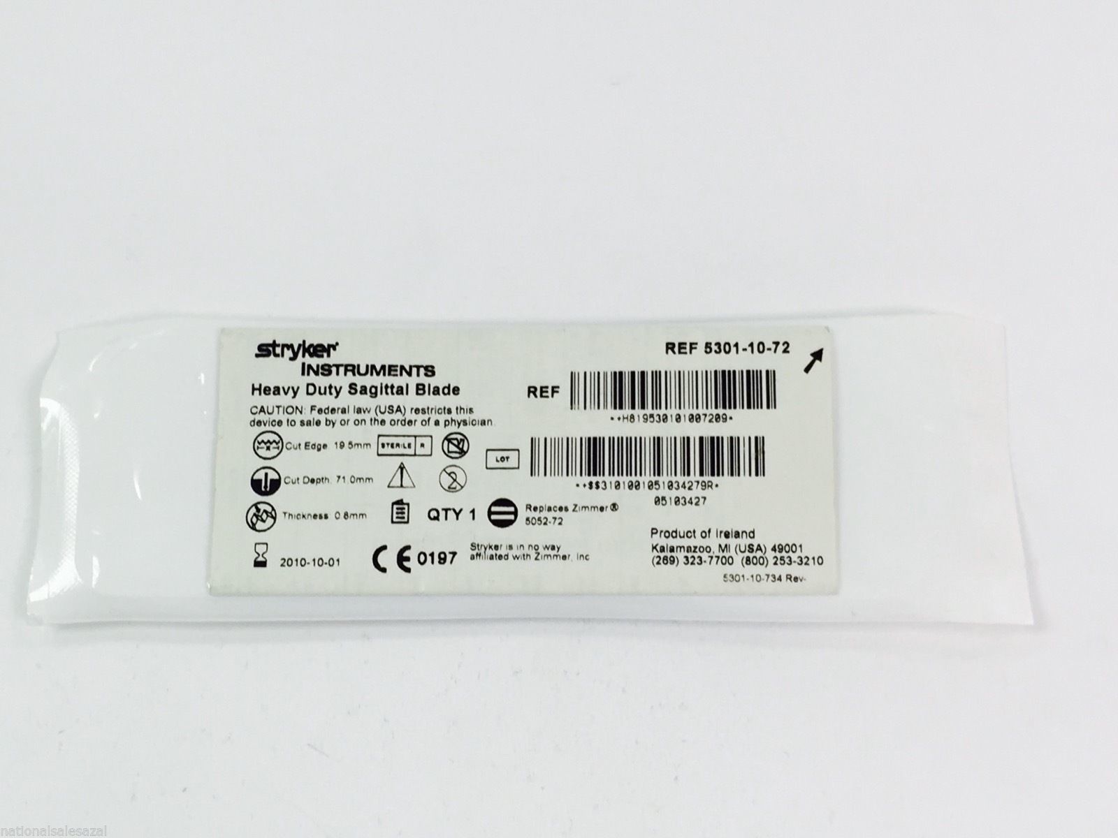 5301-10-72 ~ Stryker Heavy Duty Sagittal Blade 19.5mm x 71.0mm x 0.8mm (x)