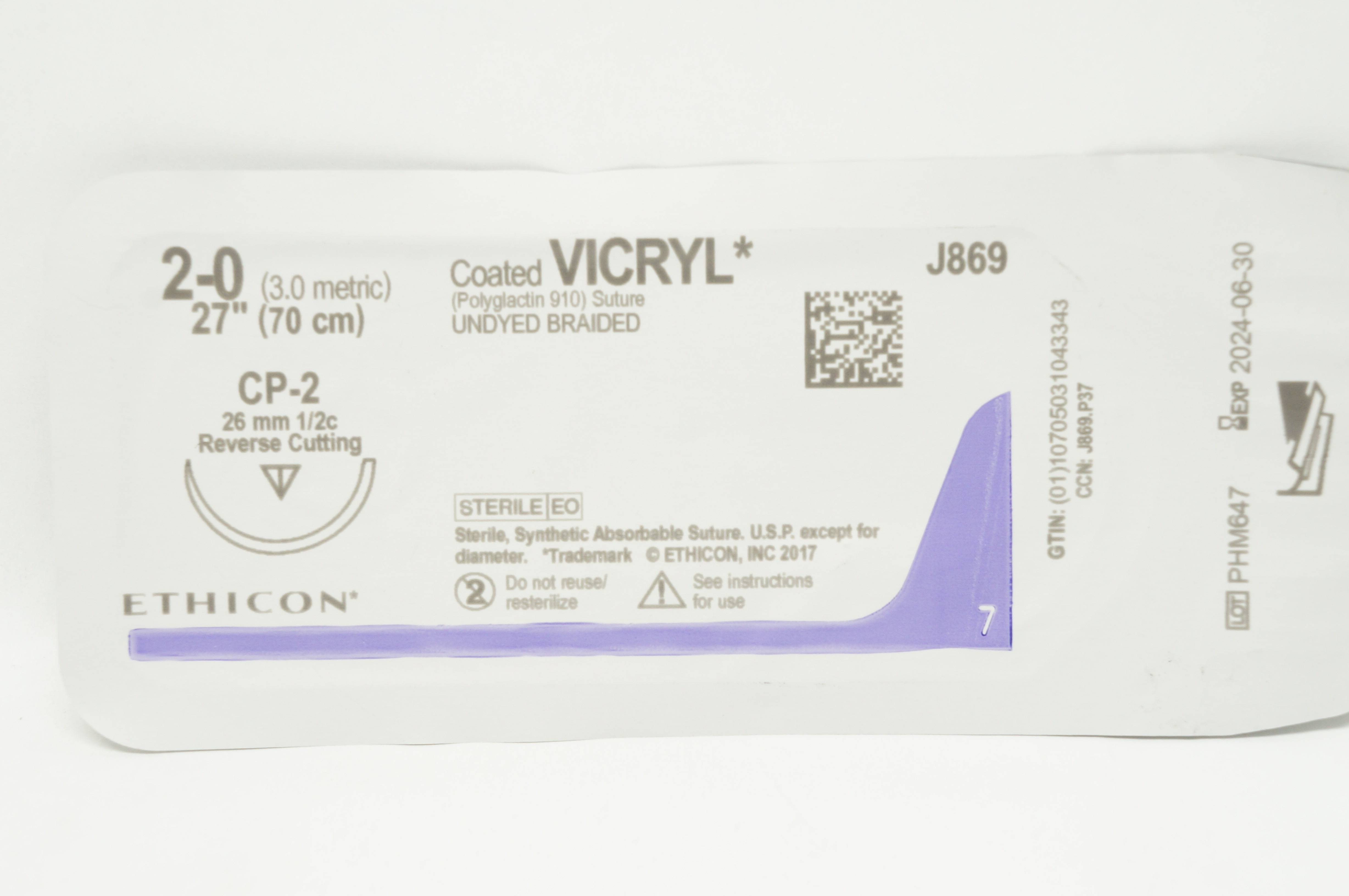 Ethicon J869 2-0 VICRYL, CP-2, 26mm 1/2c Reverse Cutting, 27inch
