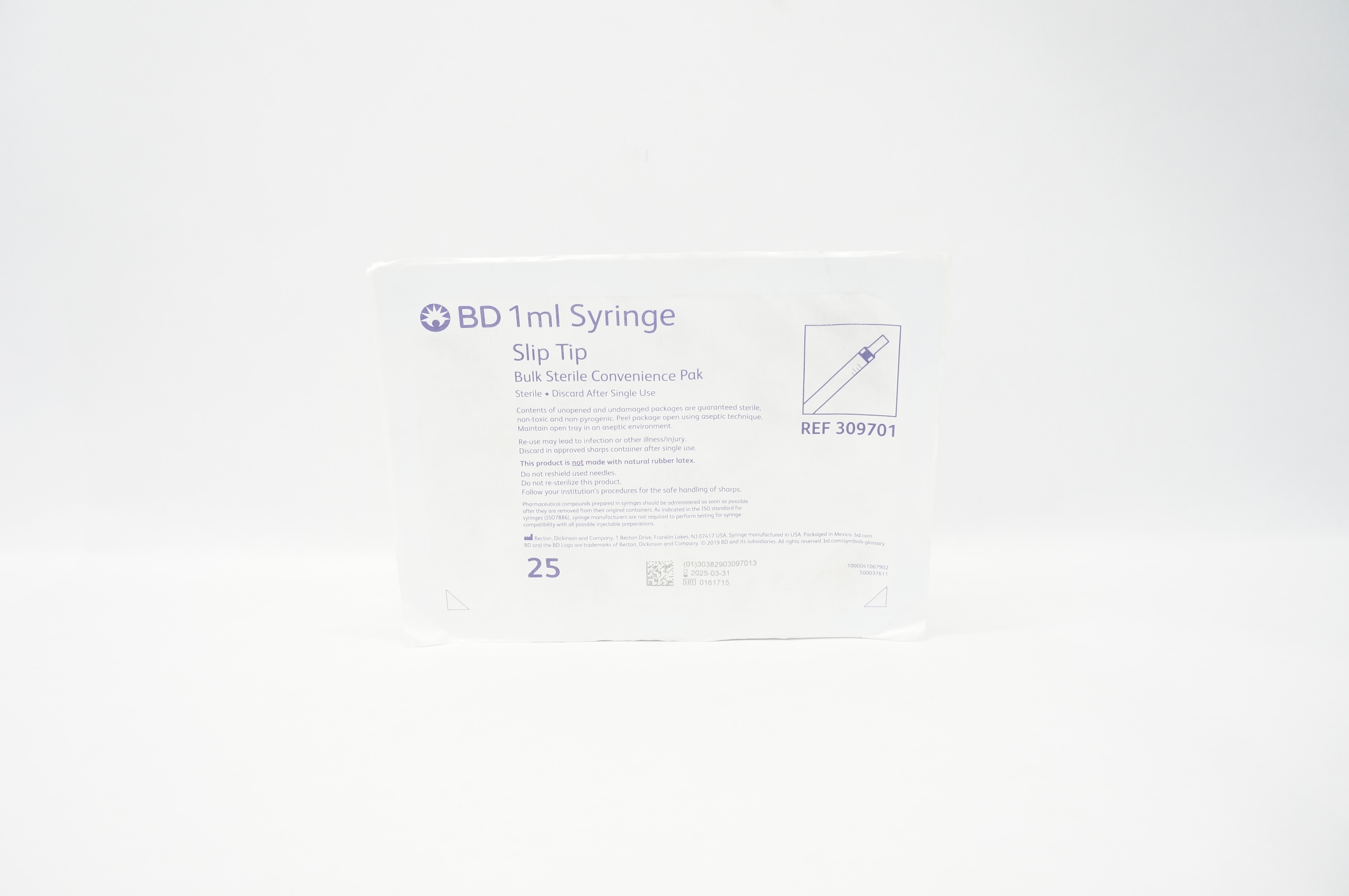 BD 309701 1ml Syringe Slip Tip - Box of 25