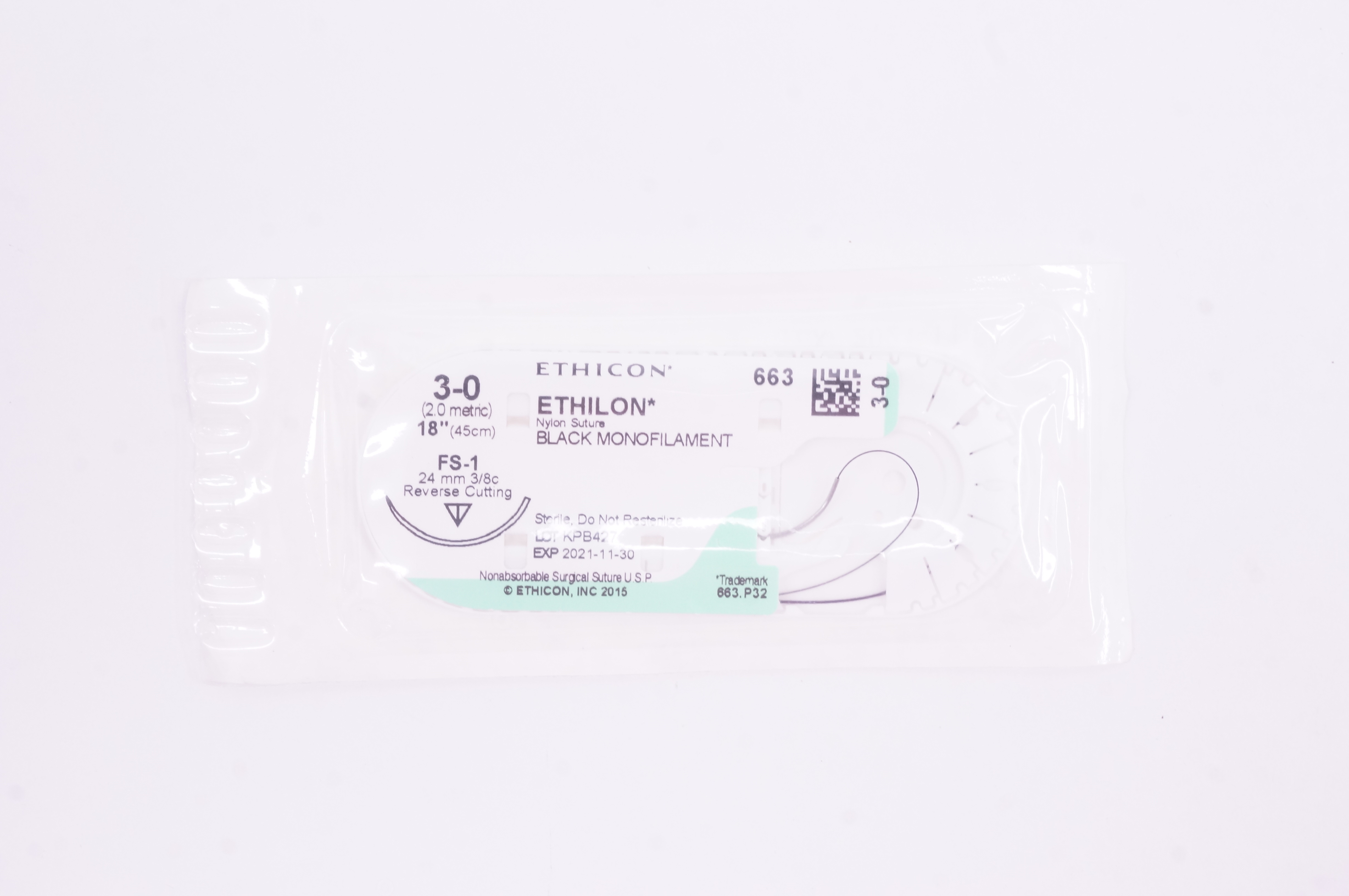 Ethicon 663 3-0 Ethilon Nylon FS-1 24mm 3/8c Reverse Cutting 18 inch