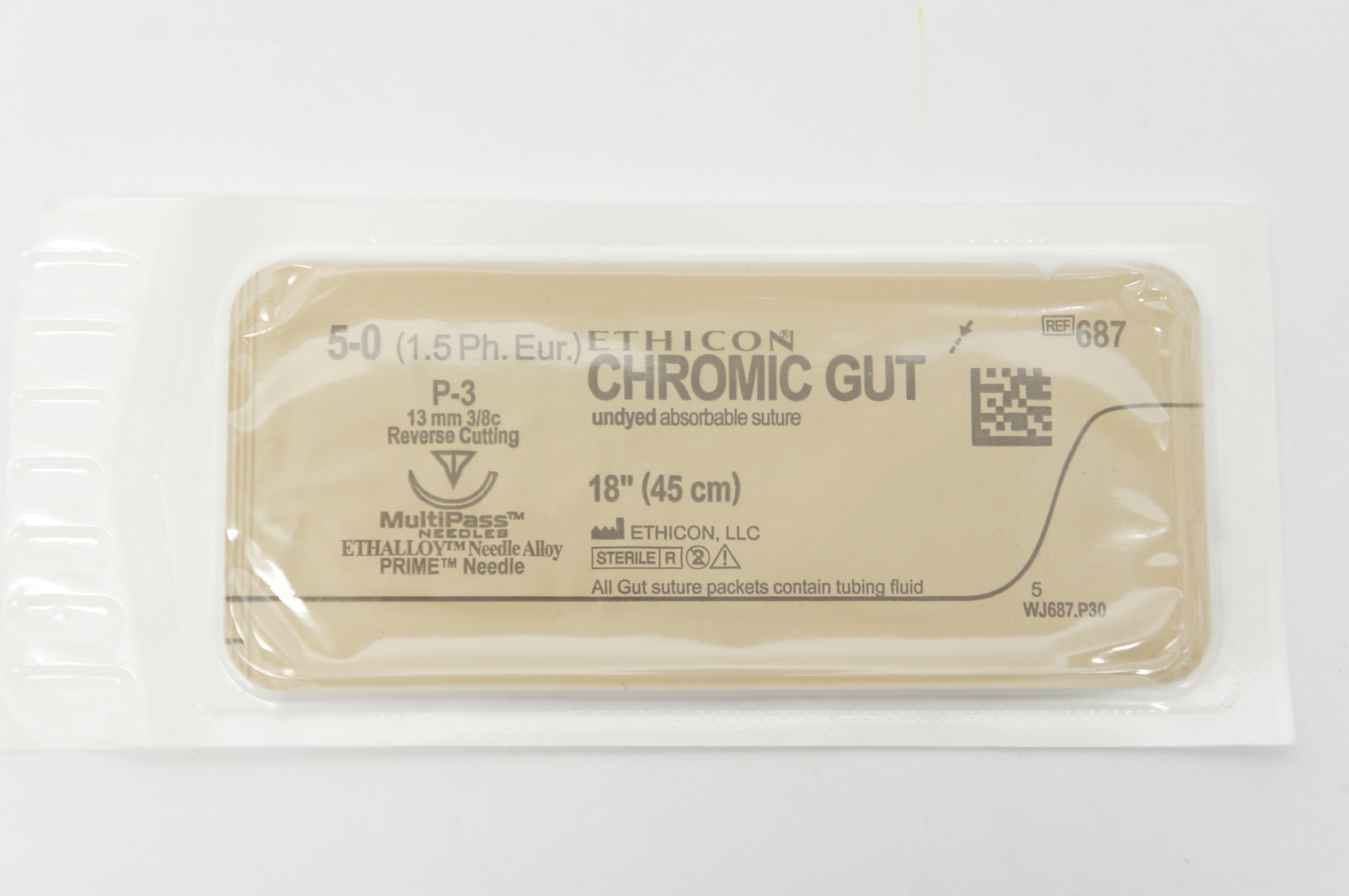 Ethicon 687 5-0 CHROMIC GUT, P-3, 13mm 3/8c Reverse Cutting, 18inch