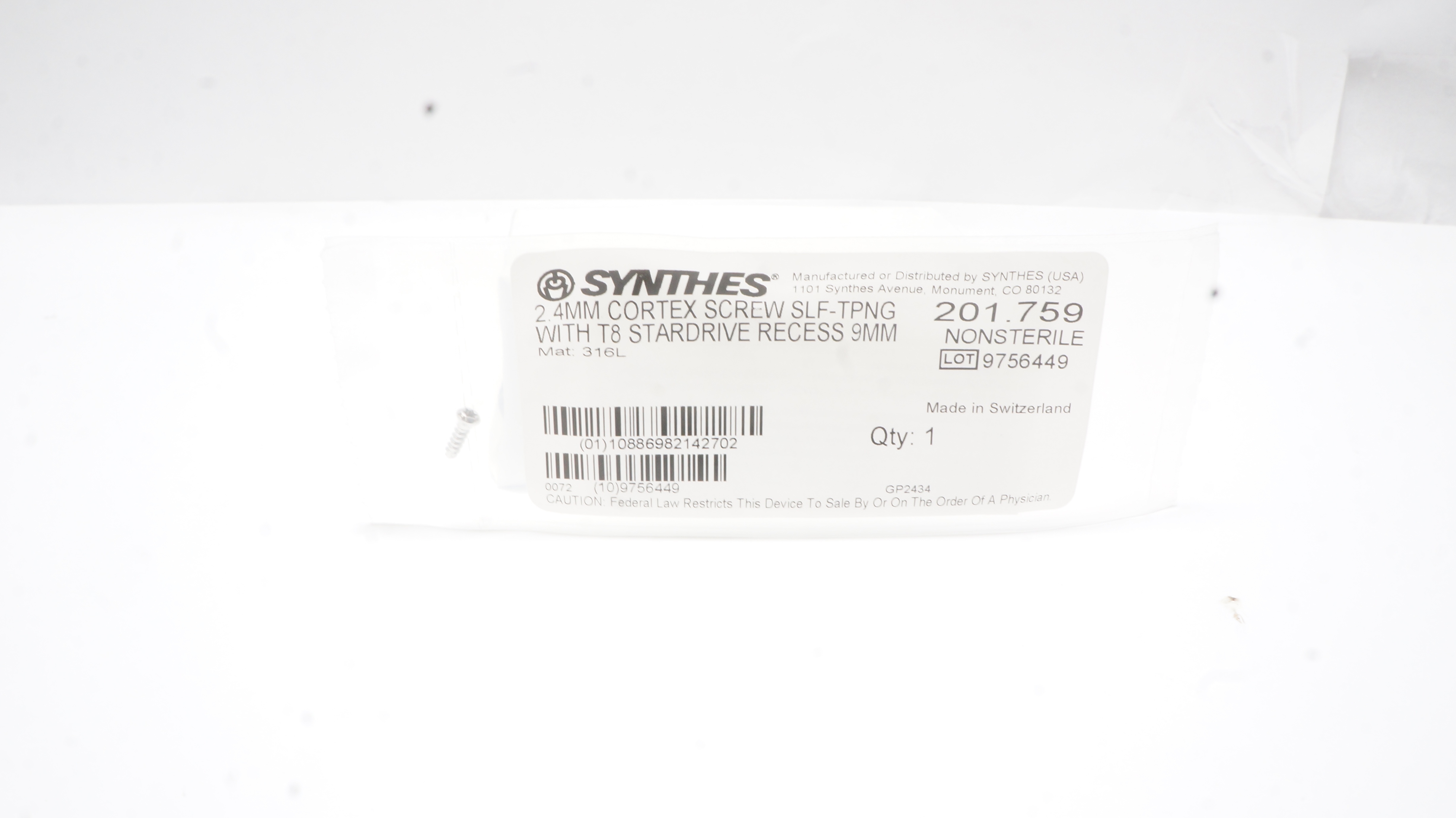 Synthes 201.759 2.4mm Cortex Screw Self-Tapping W/T8 Stardrive Recess 9mm