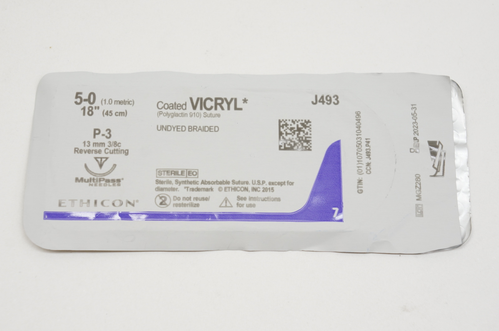 Ethicon J493 5-0 VICRYL, P-3, 13mm 3/8c, Reverse Cutting, 18inch