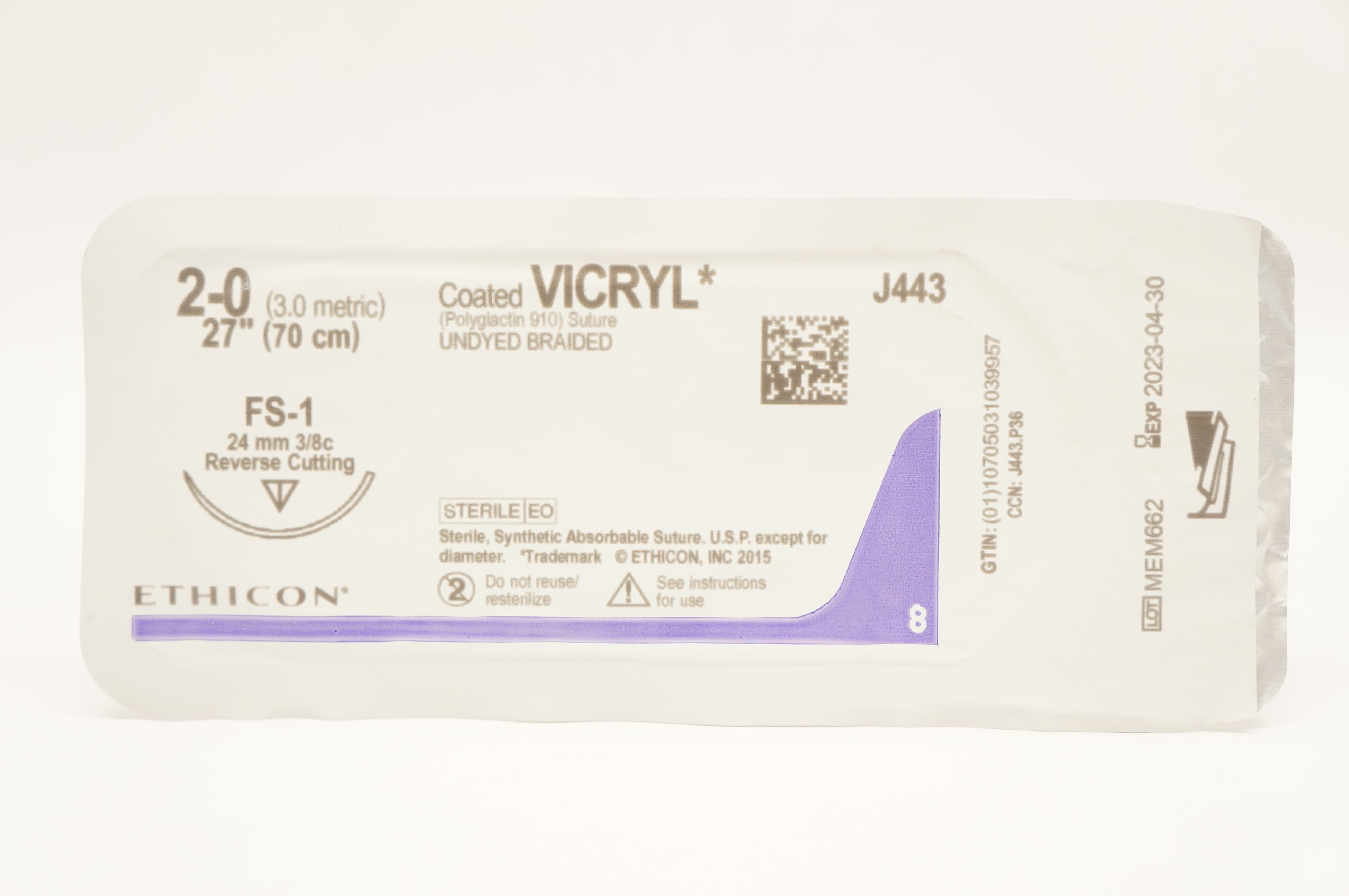 Ethicon VCP443 2-0 VICRYL Plus Stre, FS-1 24mm 3/8c Reverse Cutting 27inch