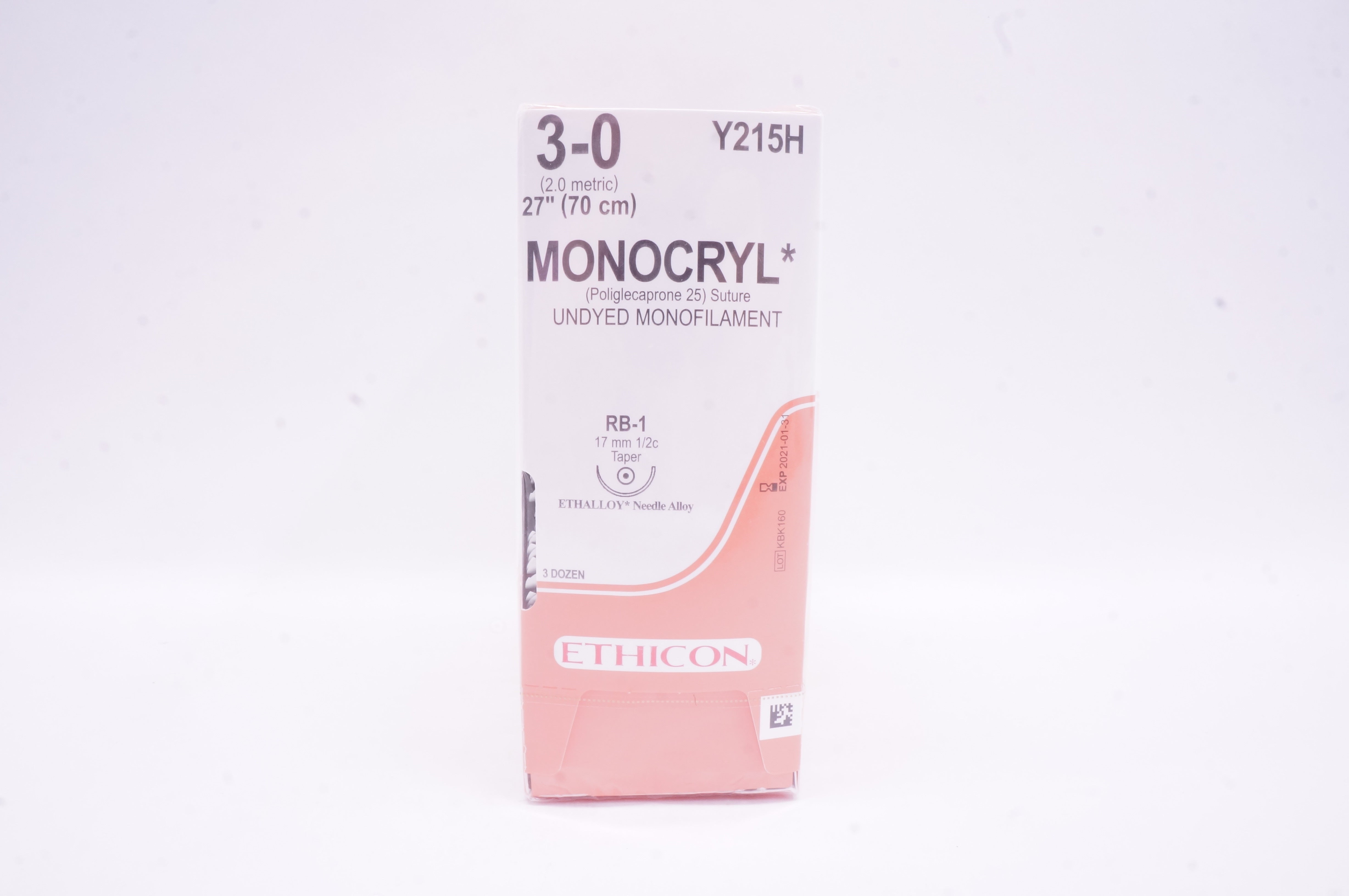 Ethicon Y215H 3-0 Monocryl Stre RB-1 17mm 1/2c Taper, 27 inch (x) - Box of 36