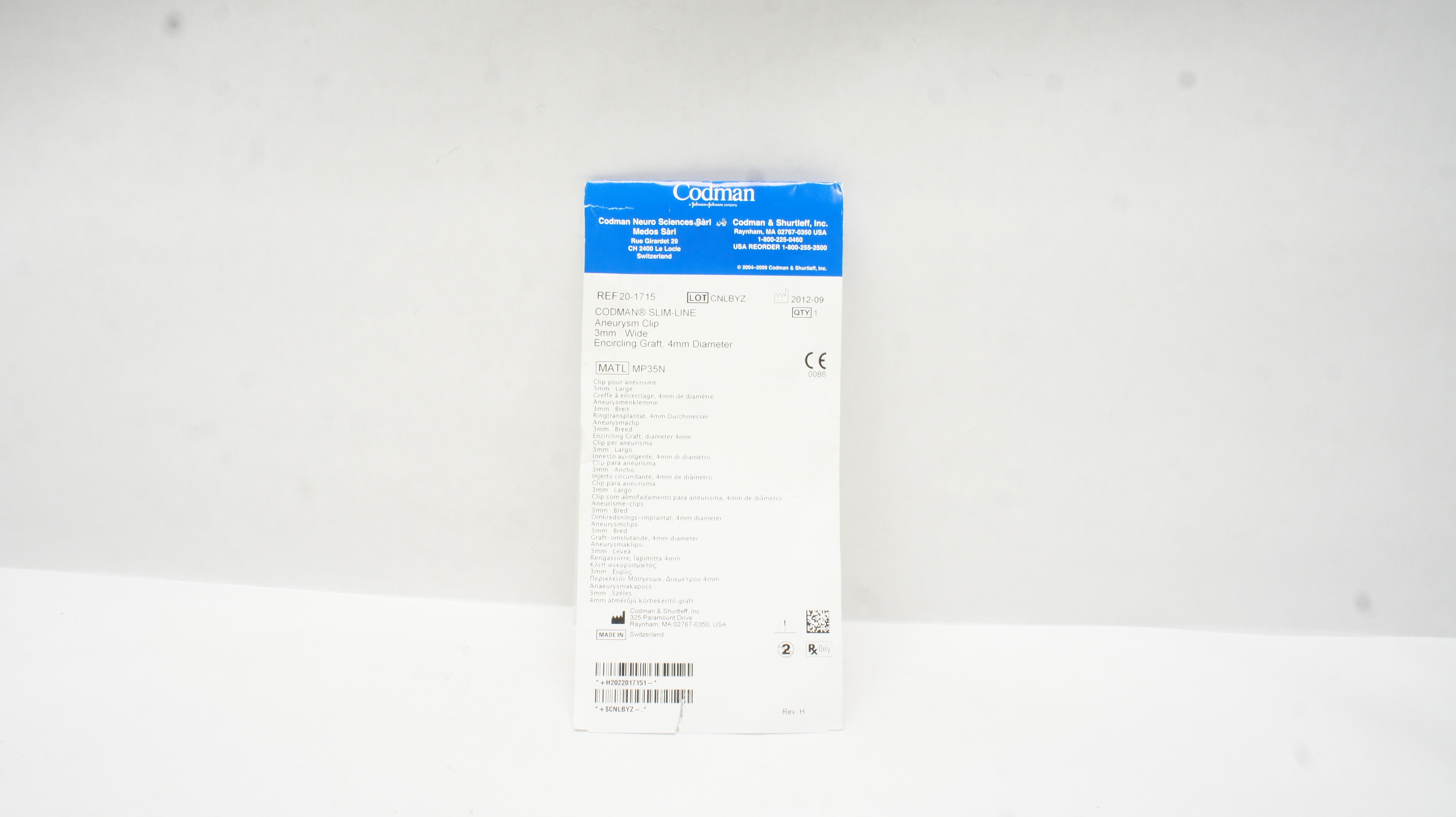 Codman 20-1715 Slim-Line Aneurysm Clip 3mm Wide Encircling Graft,4mm