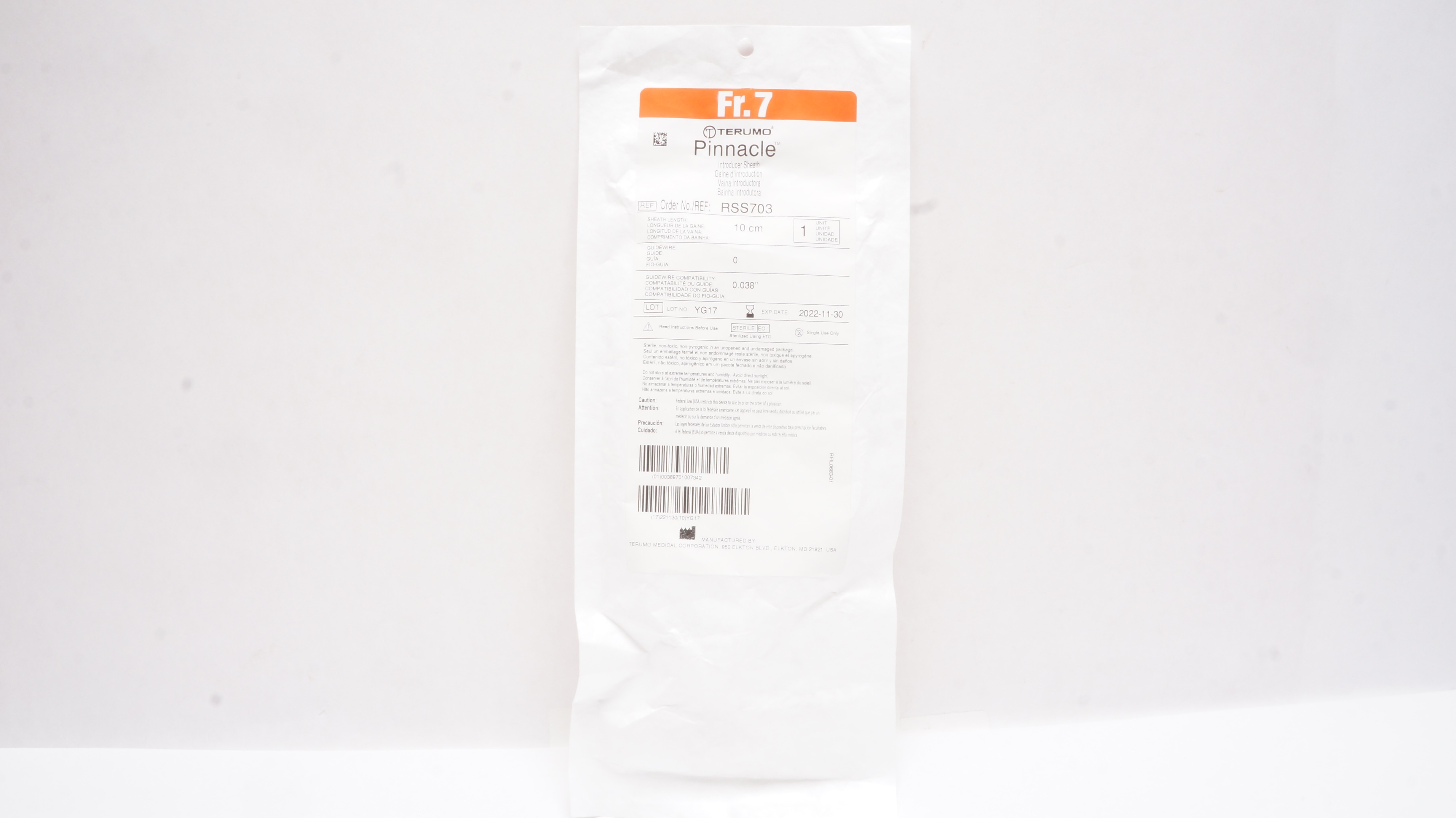 Terumo RSS703 Pinnacle Introducer Sheath 7Fr. x 10cm x 0.038inch (x)