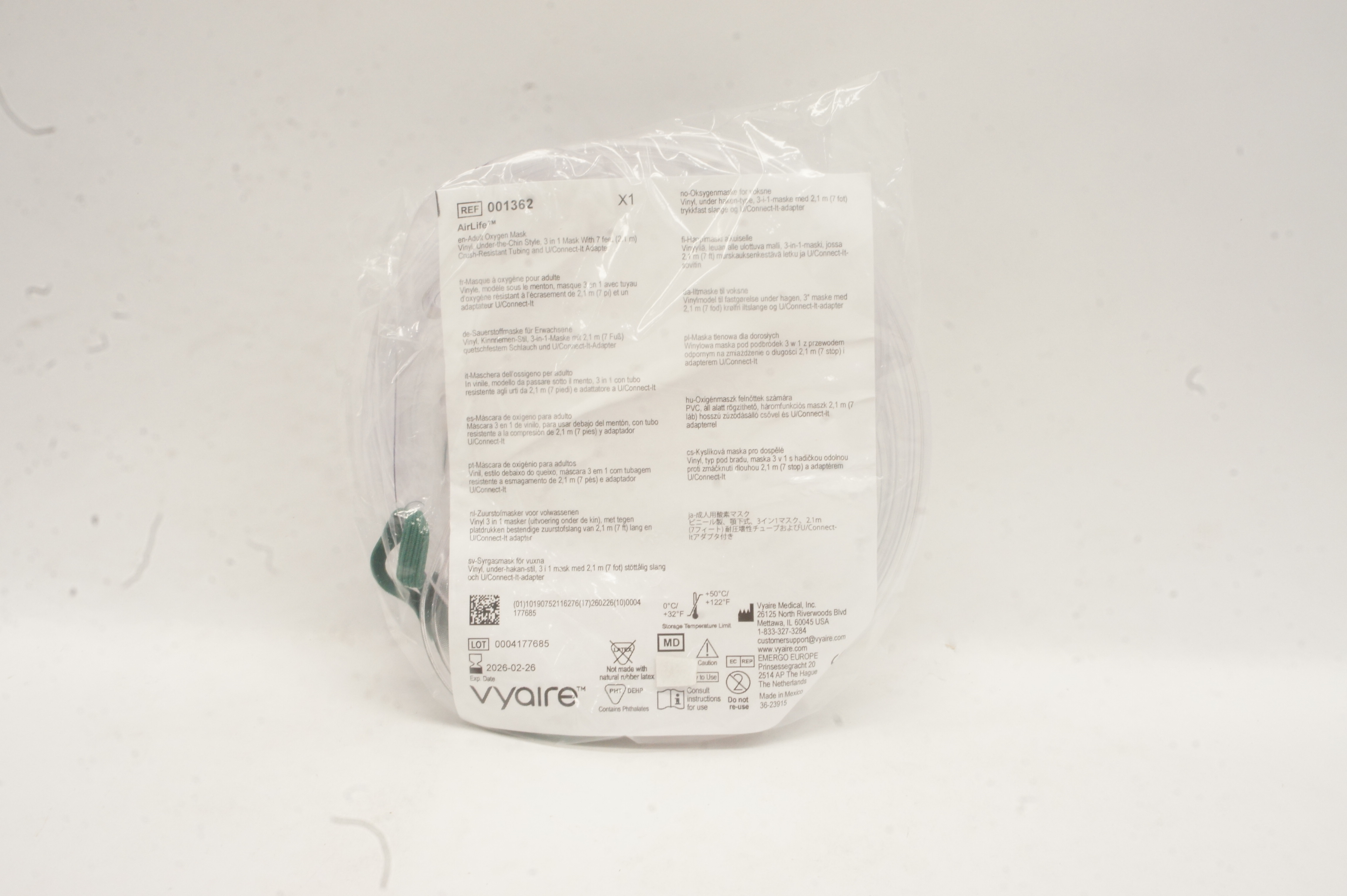 Vyaire 001362 AirLife Adult Oxygen Mask Vinyl