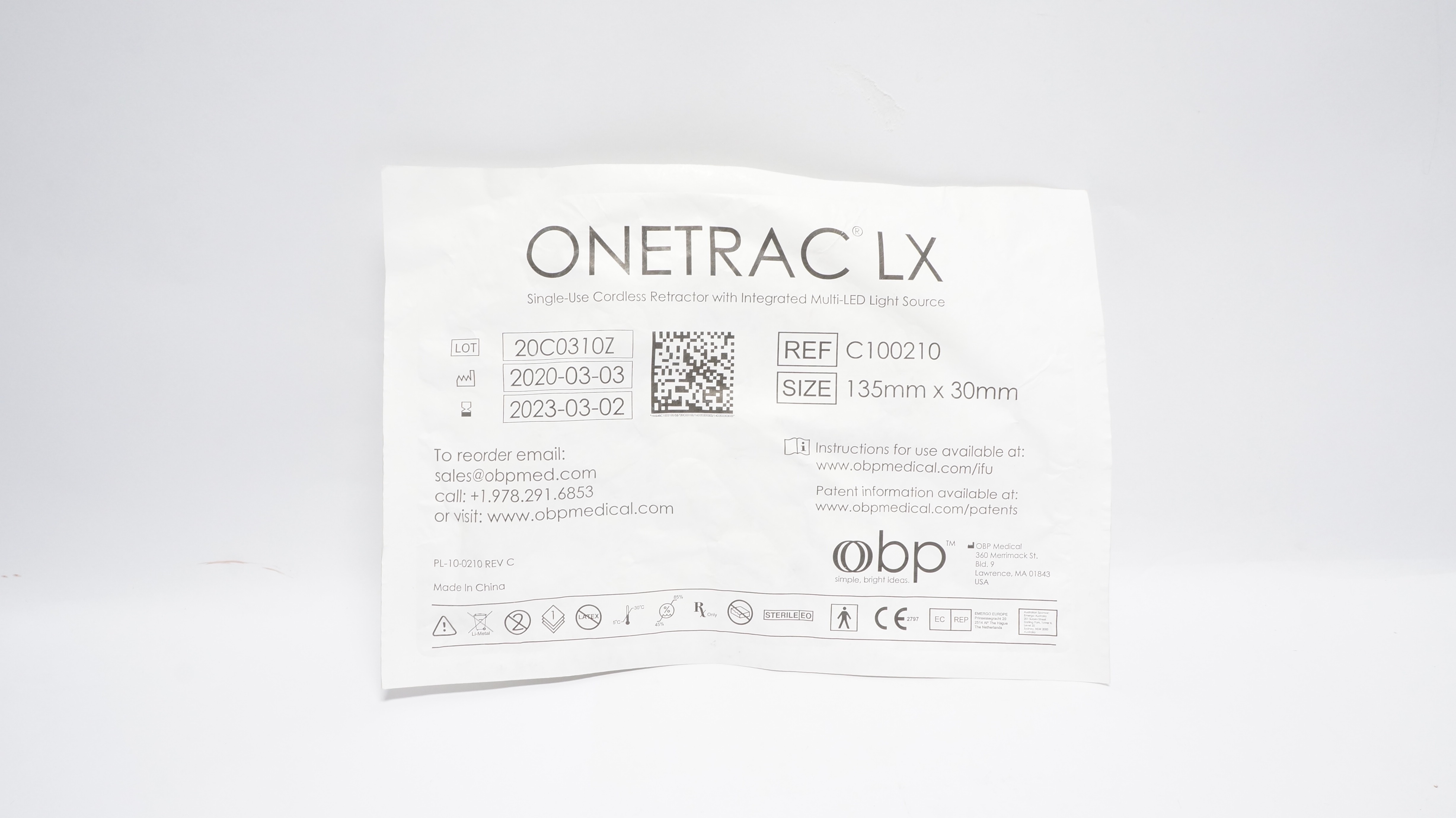 OBP Medical C100210 Onetrac LX Single-Use Cordless Retractor 135mm x 30mm (x)