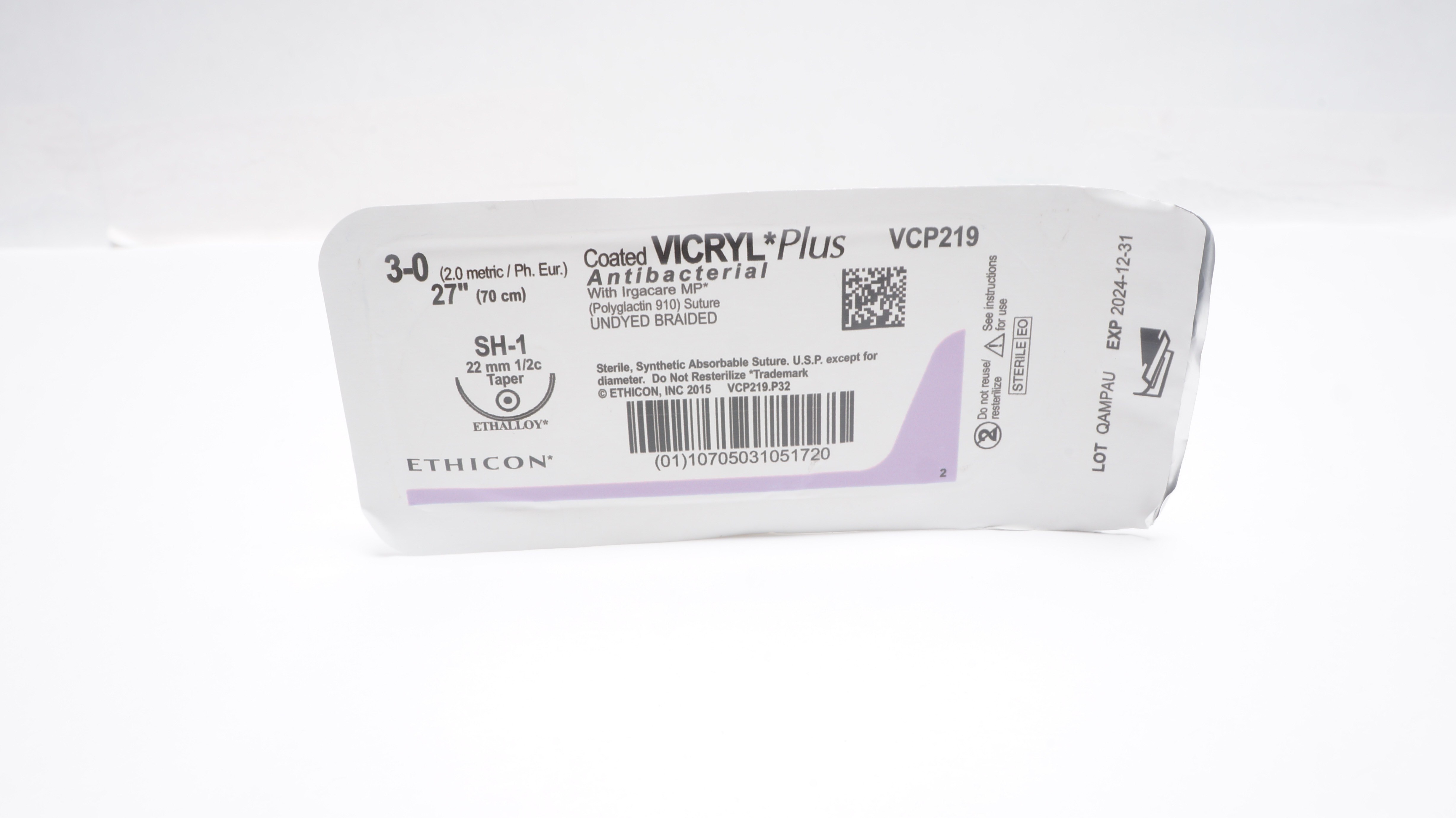 Ethicon VCP219 3-0 Coated Vicryl+ Antibacterial SH-1 22mm 1/2c Taper 27In