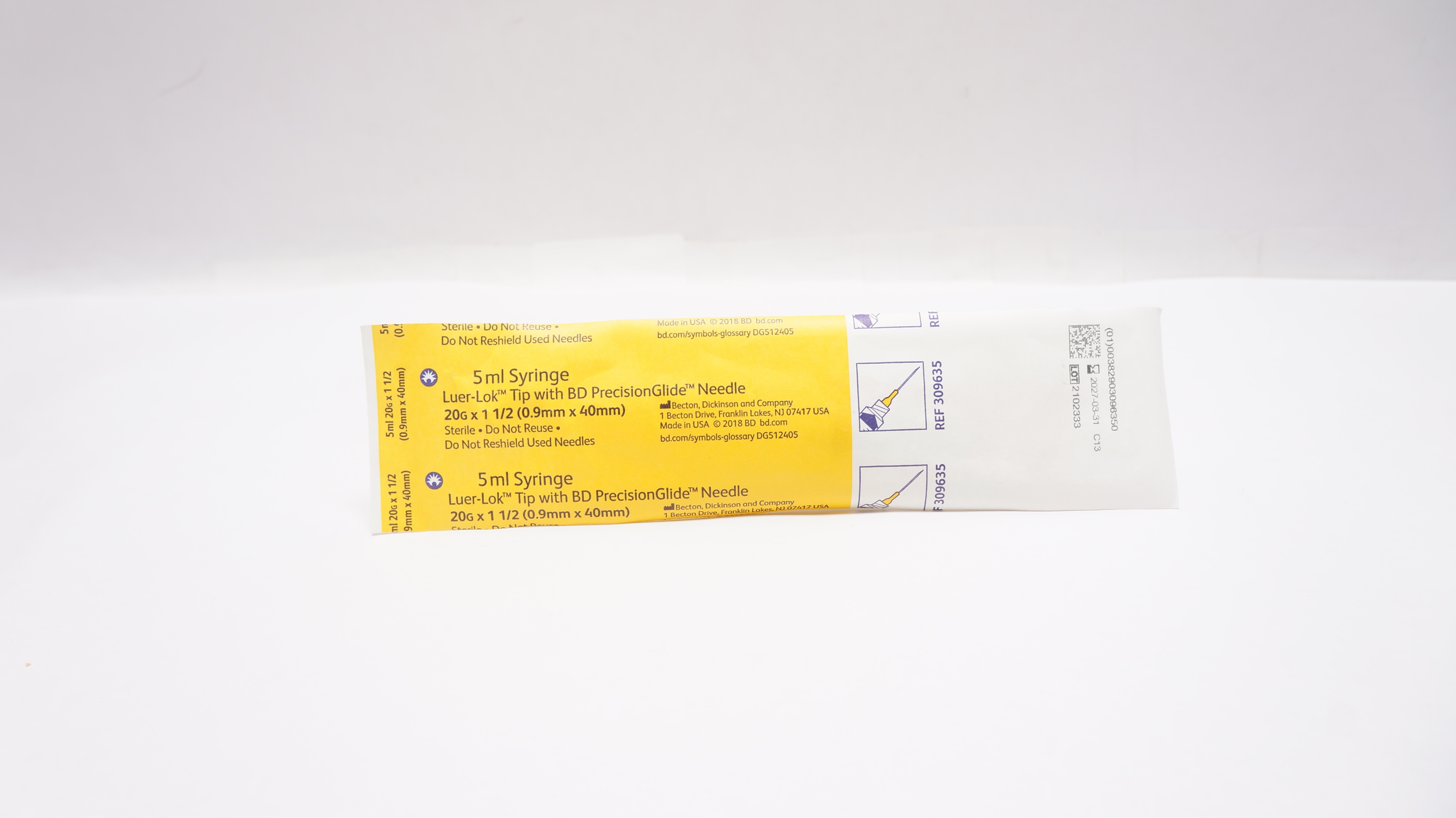 BD 309635 Syringe 5ml, Luer-Lok Tip with PrecisionGlide Ndle 20G x 1-1/2inch