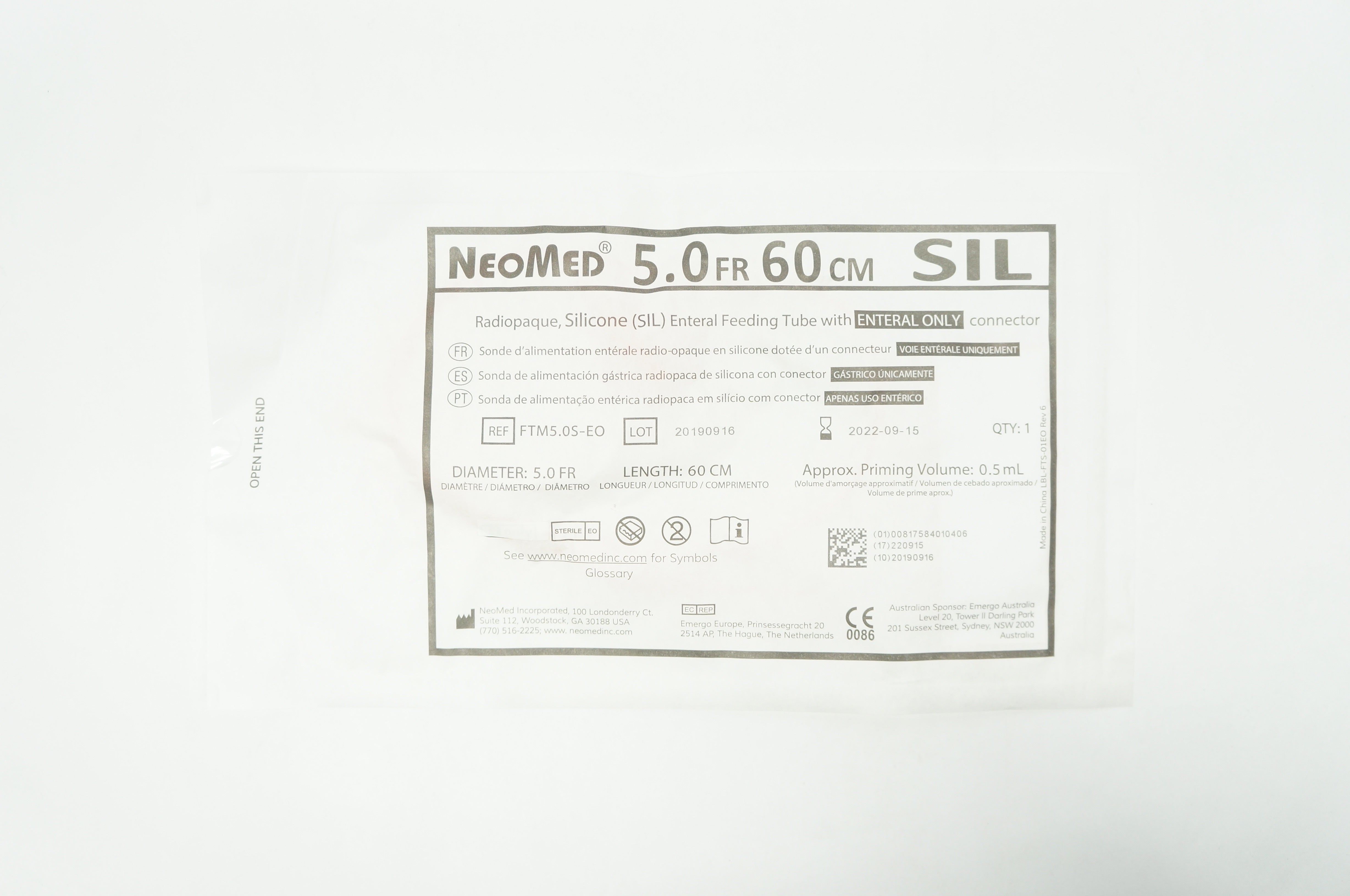 NeoMed FTM5.0S-EO Radiopaque, SIL Enteral Feeding Tube 5.0Fr x 60cm, 0.5mL