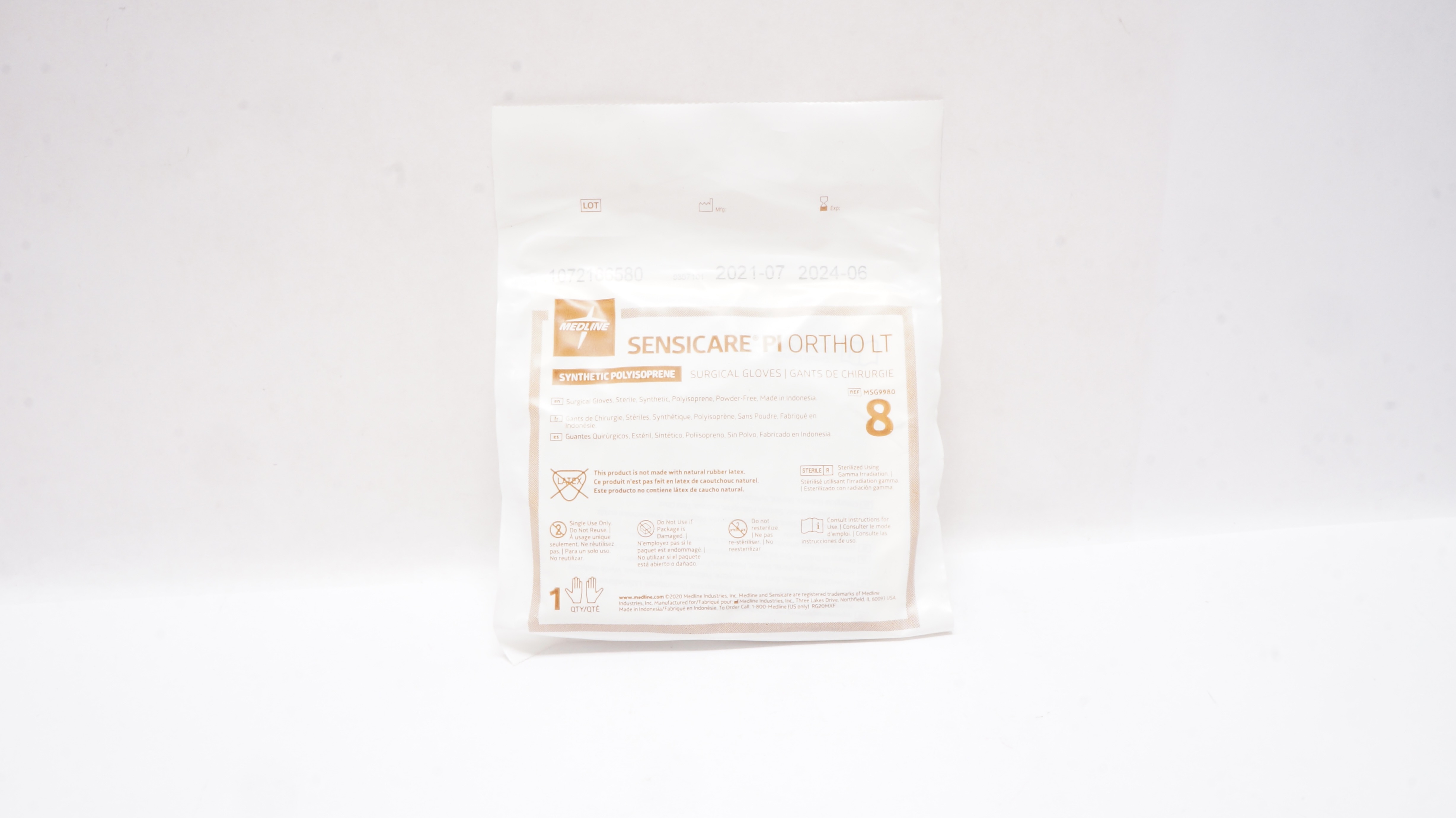Medline MSG9980 Sensicare Pi Ortho LT Synthetic Polyisoprene Surgical Gloves 8