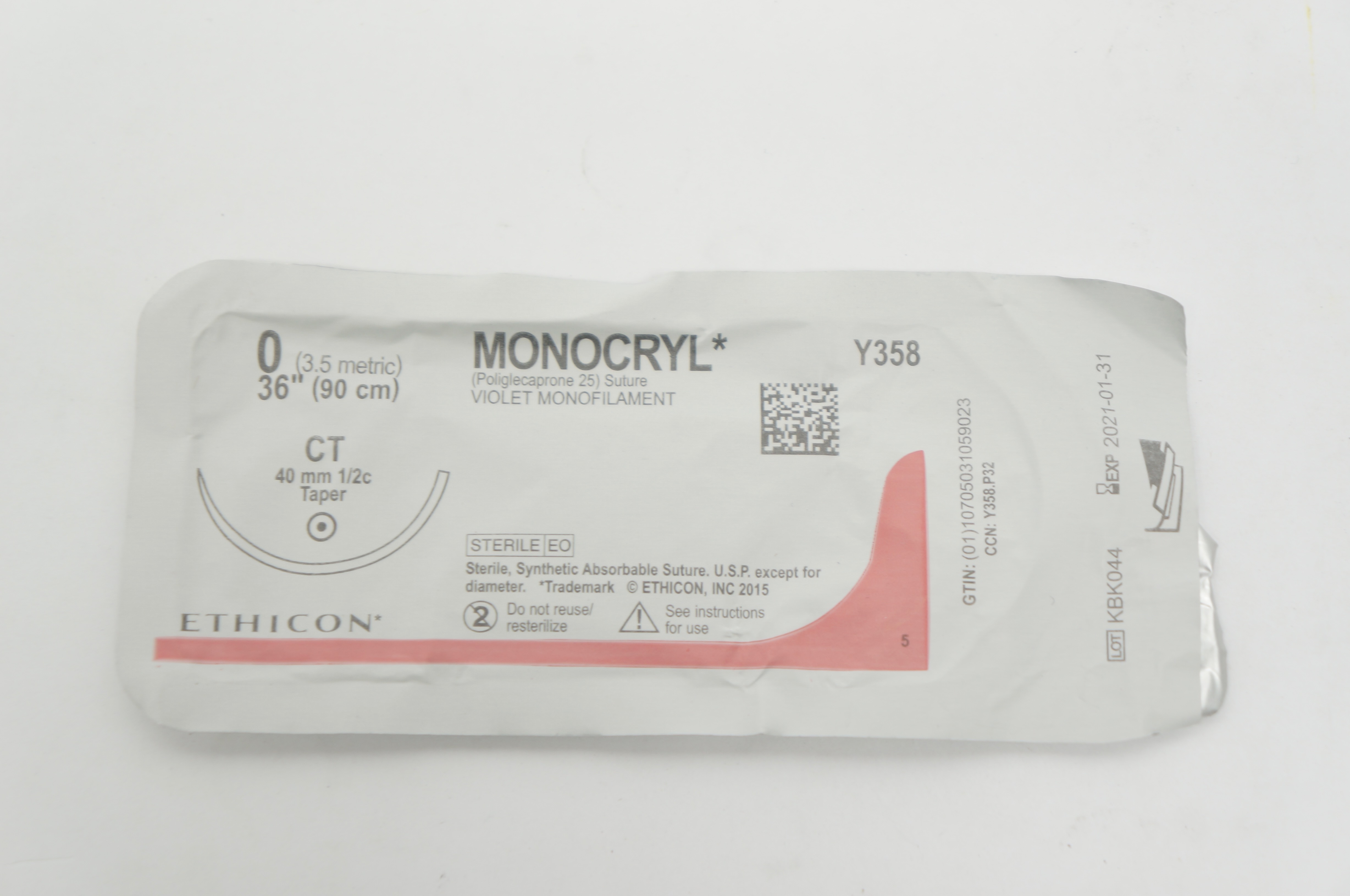 Ethicon Y358 0 MONOCRYL Violet Monofilament CT 40mm 1/2C Taper, 36inch (x)