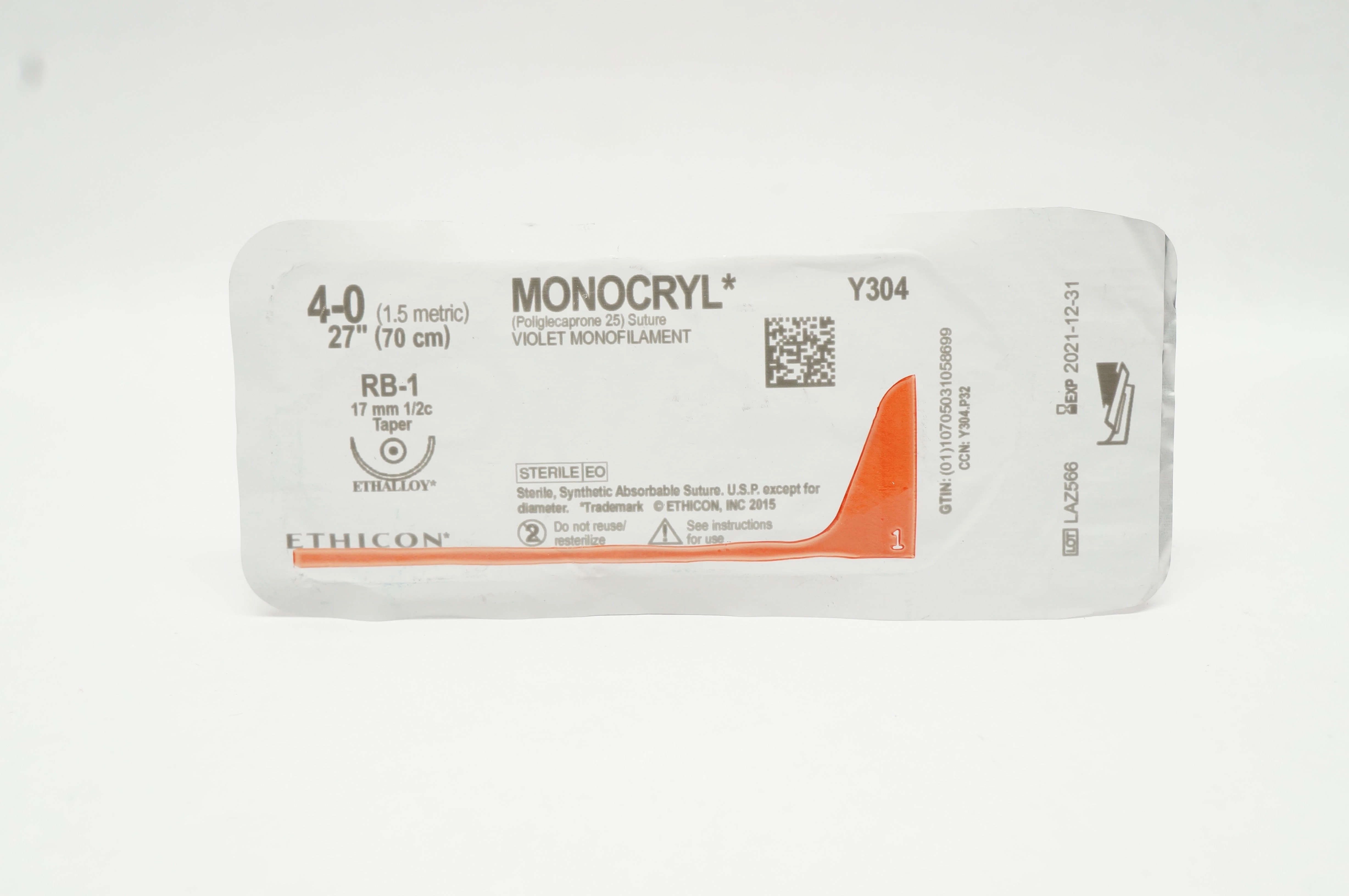 Ethicon Y304 4-0 MONOCRYL Violet Monofilament RB-1 17mm 1/2c Taper 27inch (x)
