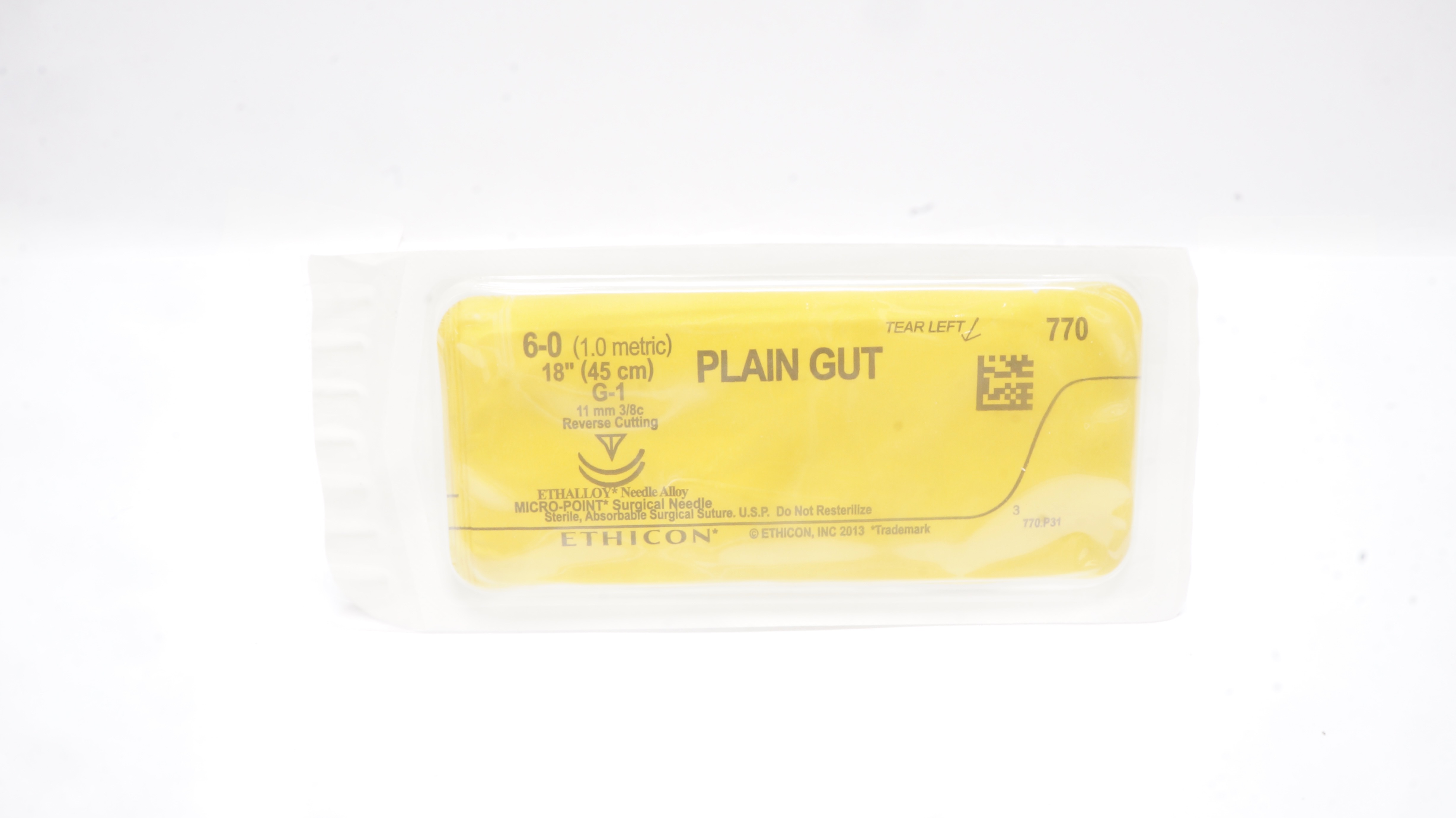 Ethicon 770 6-0 Plain Gut, G-1, 11mm 3/8c Reverse Cutting, 18inch (x)