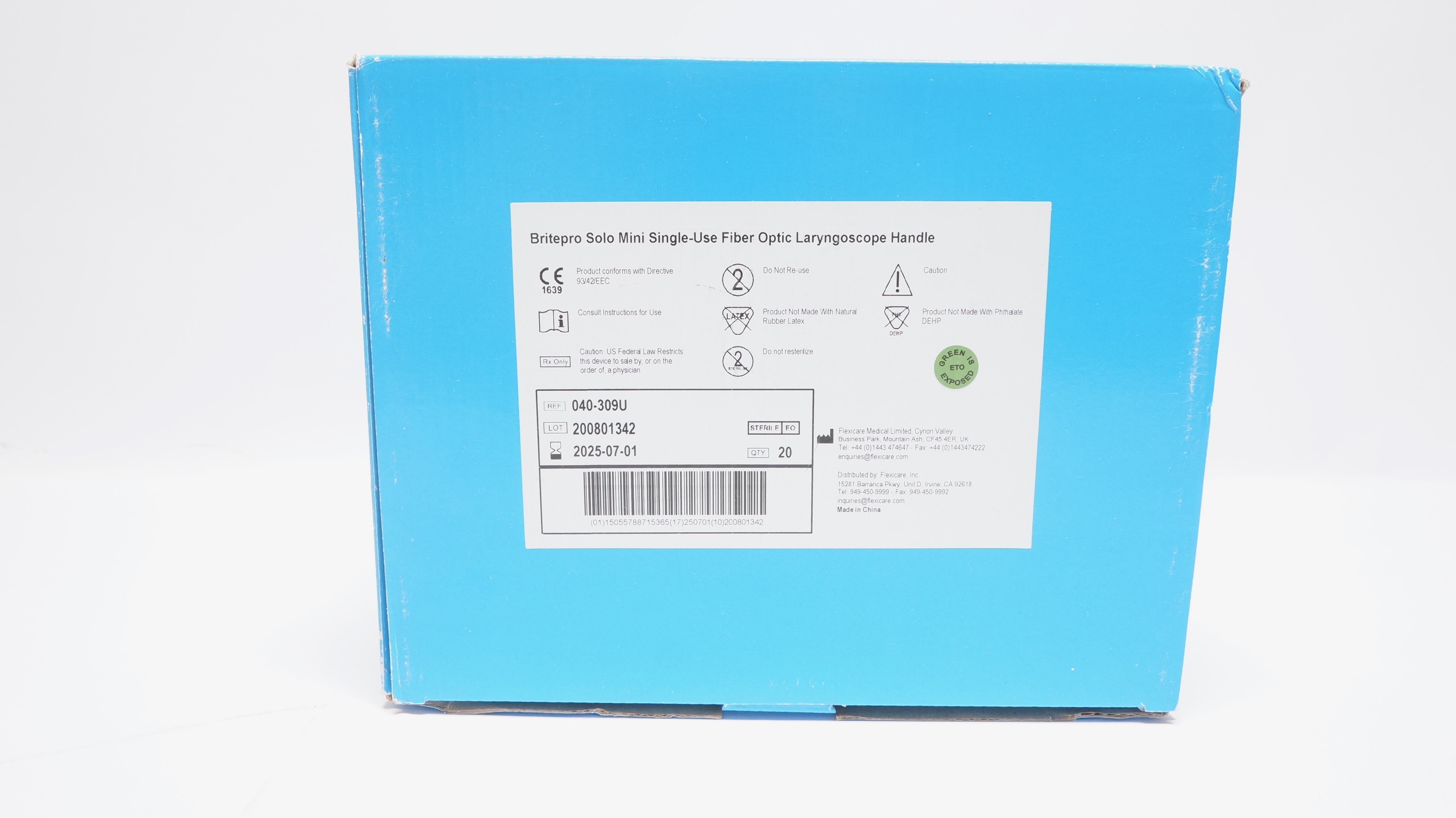 Flexicare 040-309U BritePro Solo Fiber Optic Laryngoscope Handle - Box of 20 (x)