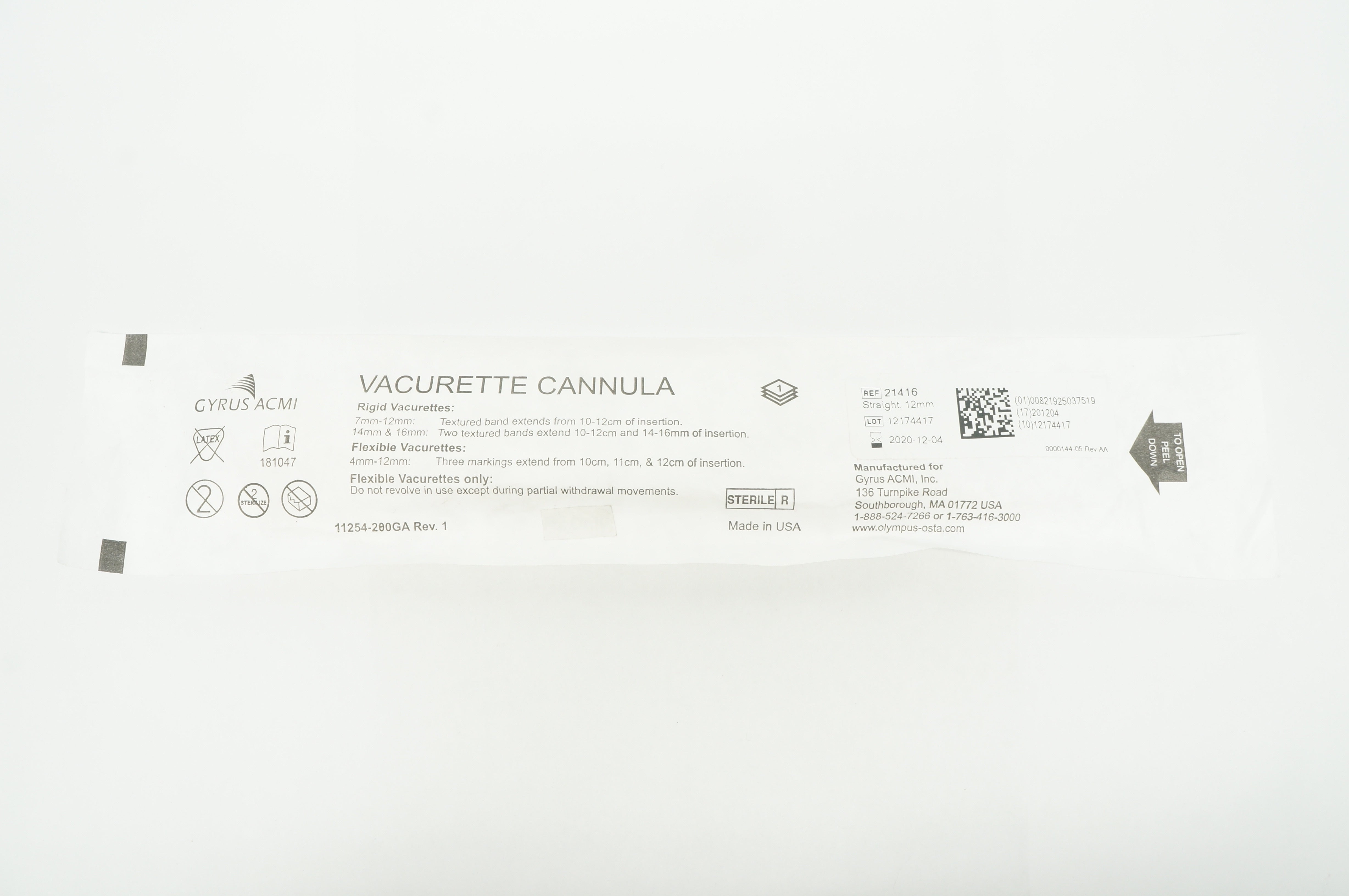 Gyrus ACMI 21416 Vacurette Cannula Outside Diameter 12mm Straight Rigid (x)