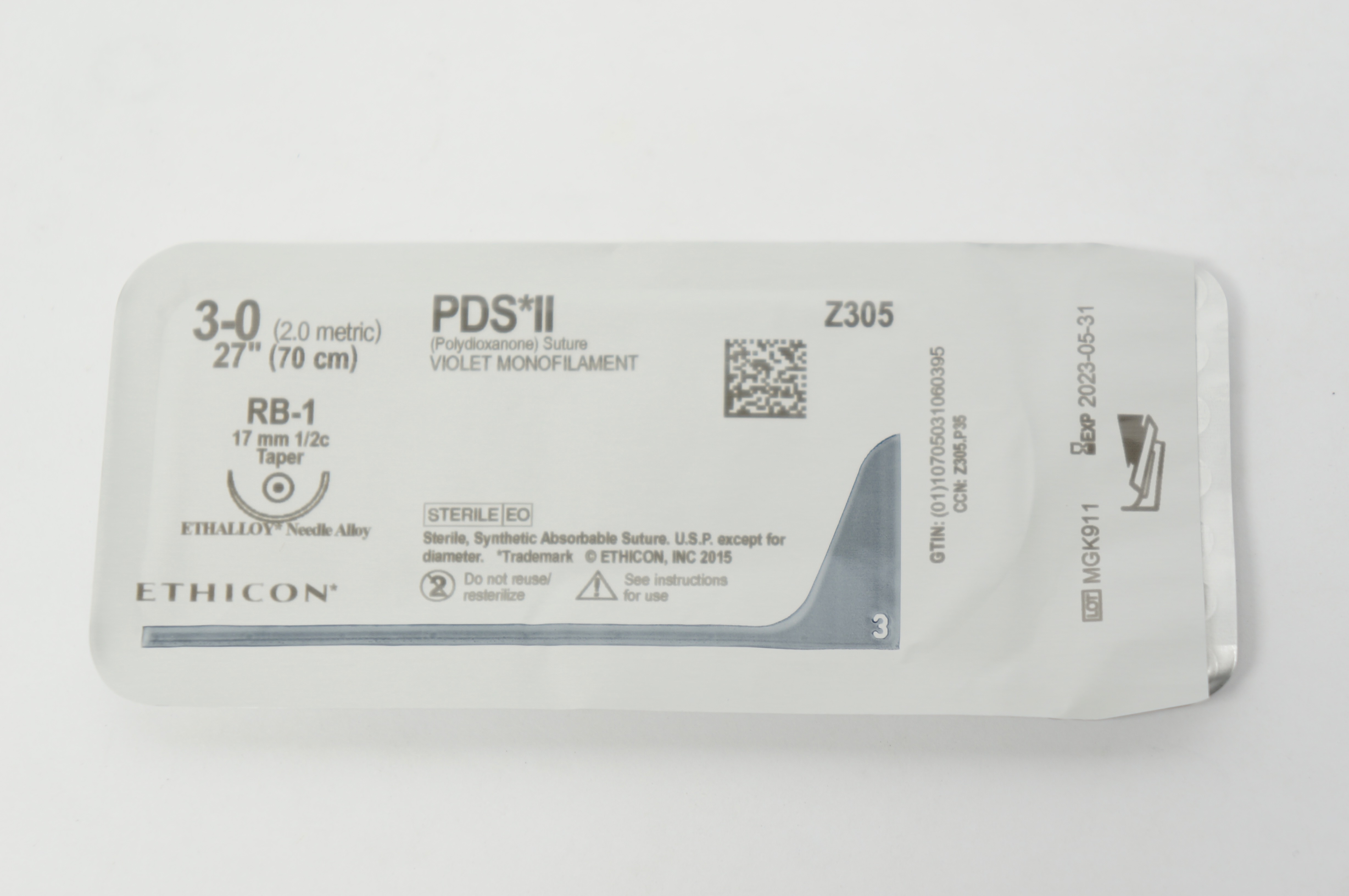 Ethicon Z305 3-0 PDS II Polydioxanone Stre RB-1 17mm 1/2c Taper 27inch