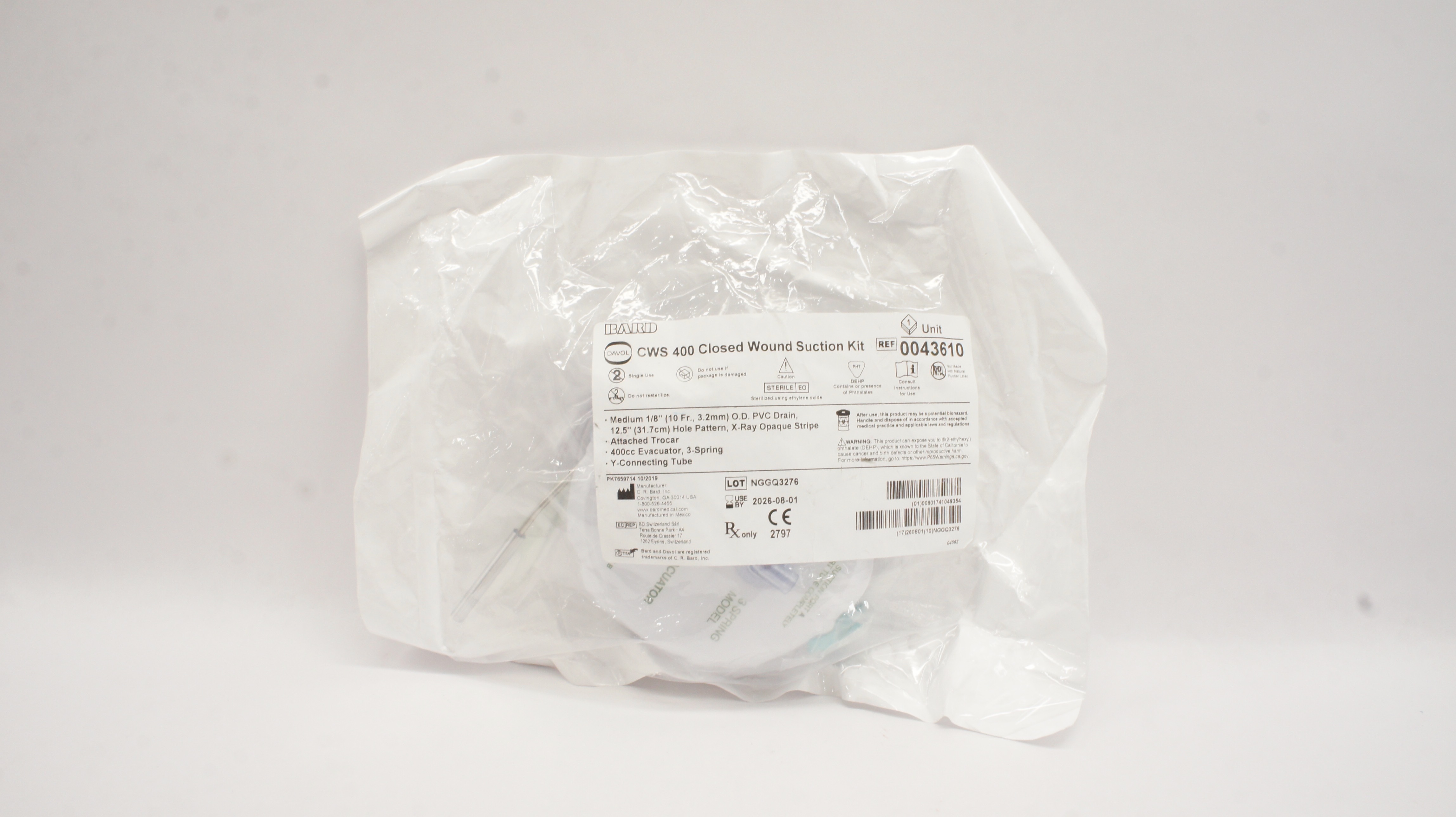 Bard 0043610 Davol CWS 400 Closed Wound Suction Kit