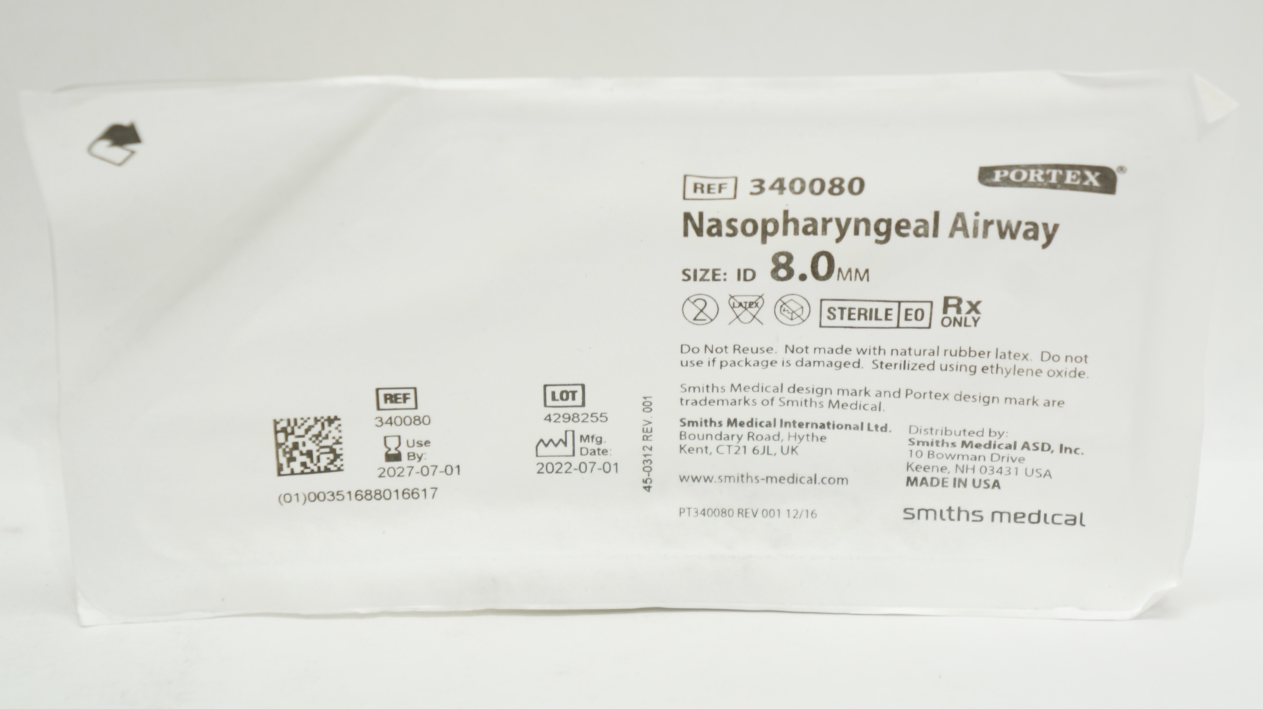 Smiths Medical 340080 Portex Nasopharyngeal Airway, Size: ID 8.0mm