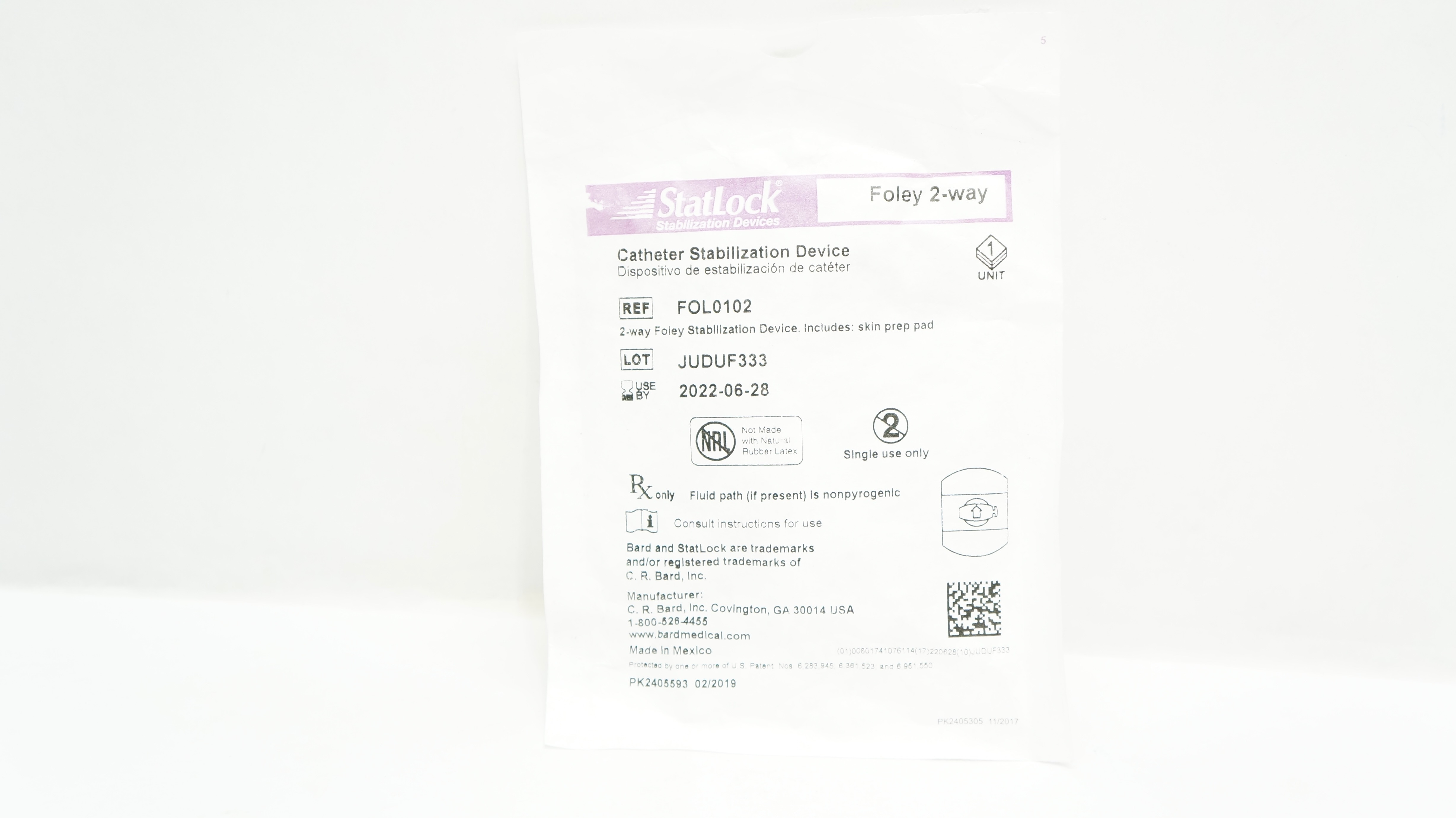 Bard FOL0102 Statlock Cath. Stabilization Device Foley 2-Way (x)