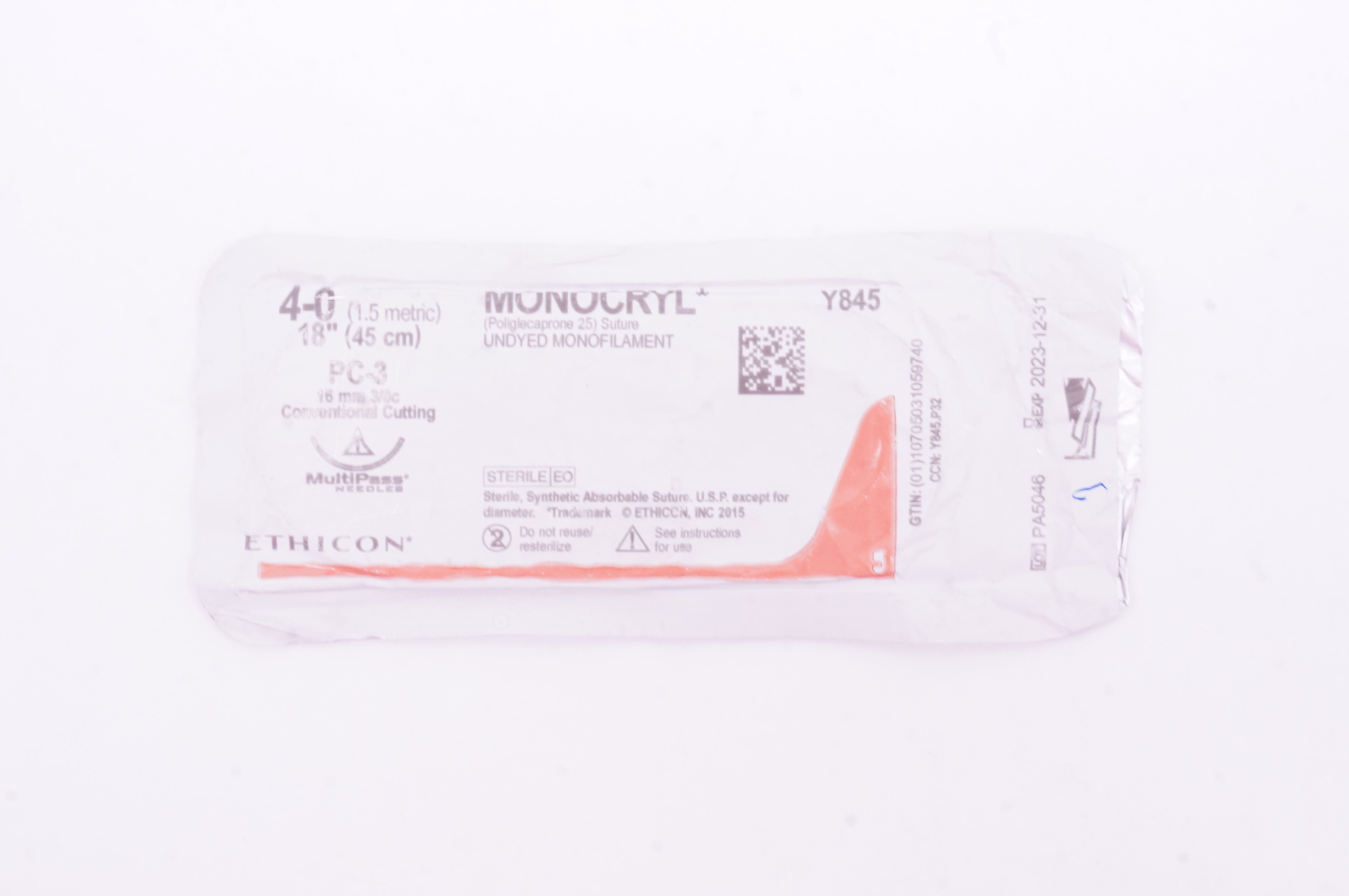 Ethicon Y845 4-0 Monocryl Stre PC-3 16mm 3/8c Conventional Cutting, 18 inch