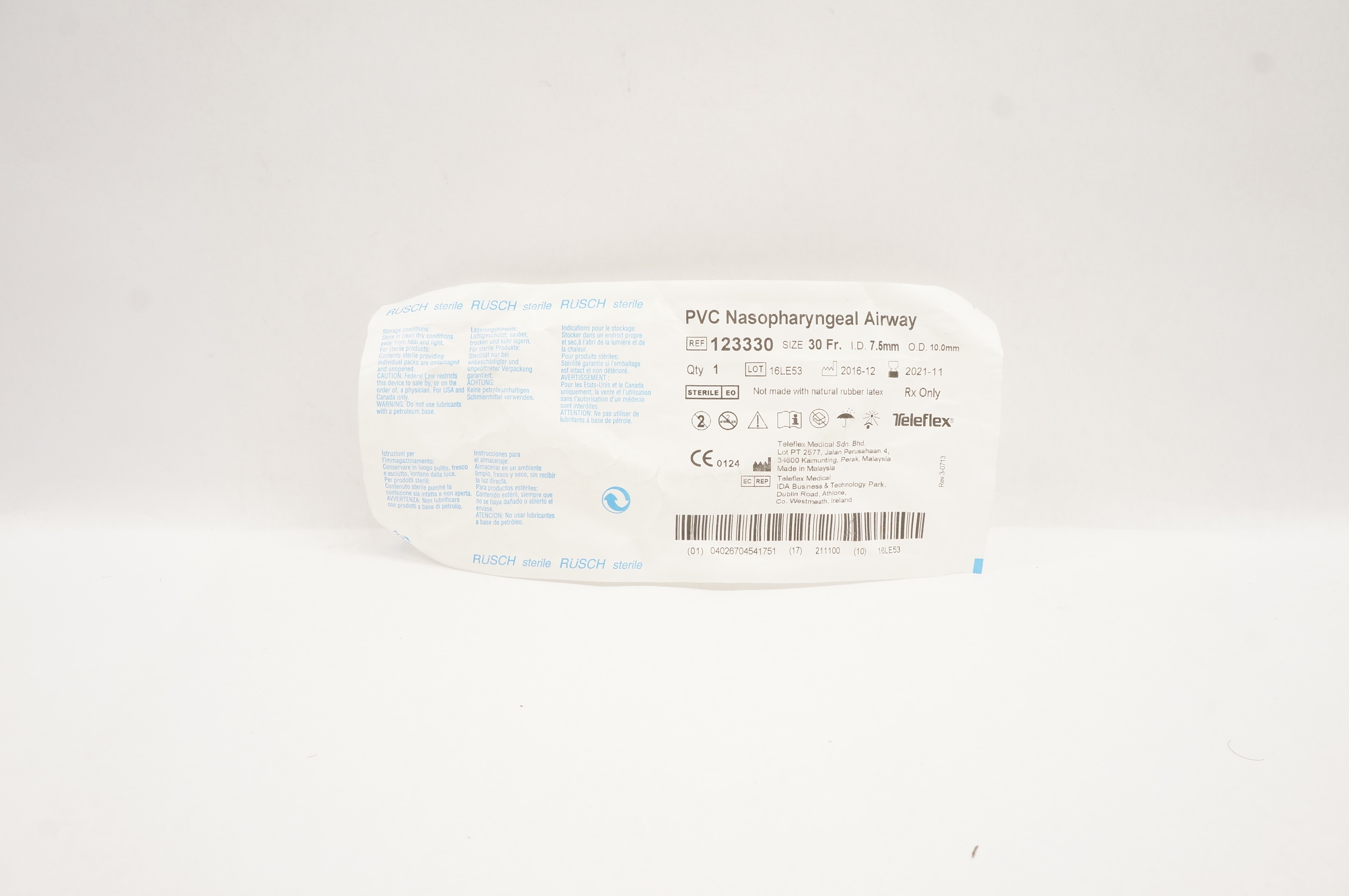 Teleflex 123330 Rusch PVC Nasopharyngeal Airway 30 Fr x 7.5mm ID x 10.0mm OD (x)