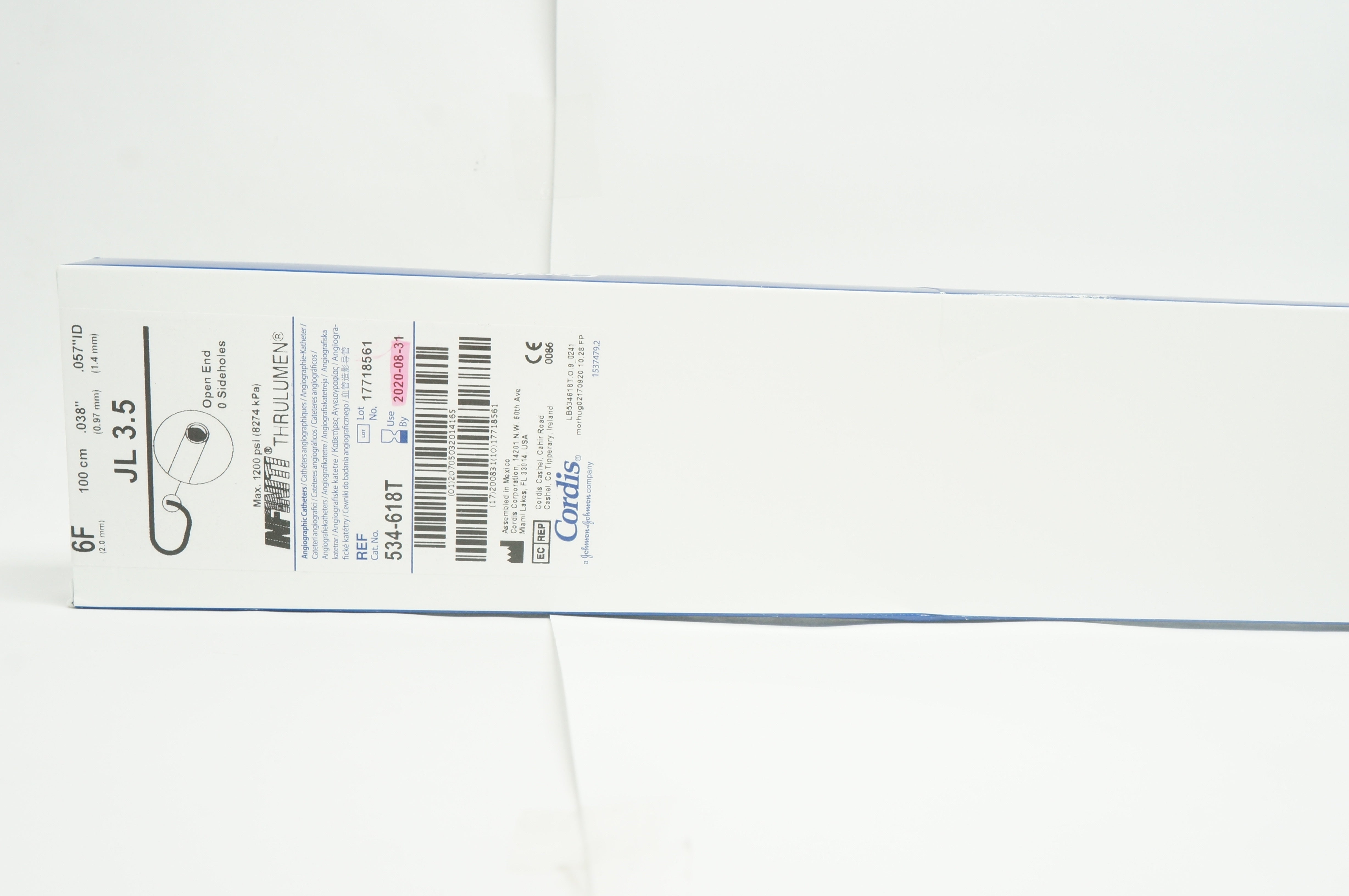 Cordis 534-618T Angiographic Cath. 6F x 100cm x .038inch JL 3.5 (x) - Box of 5