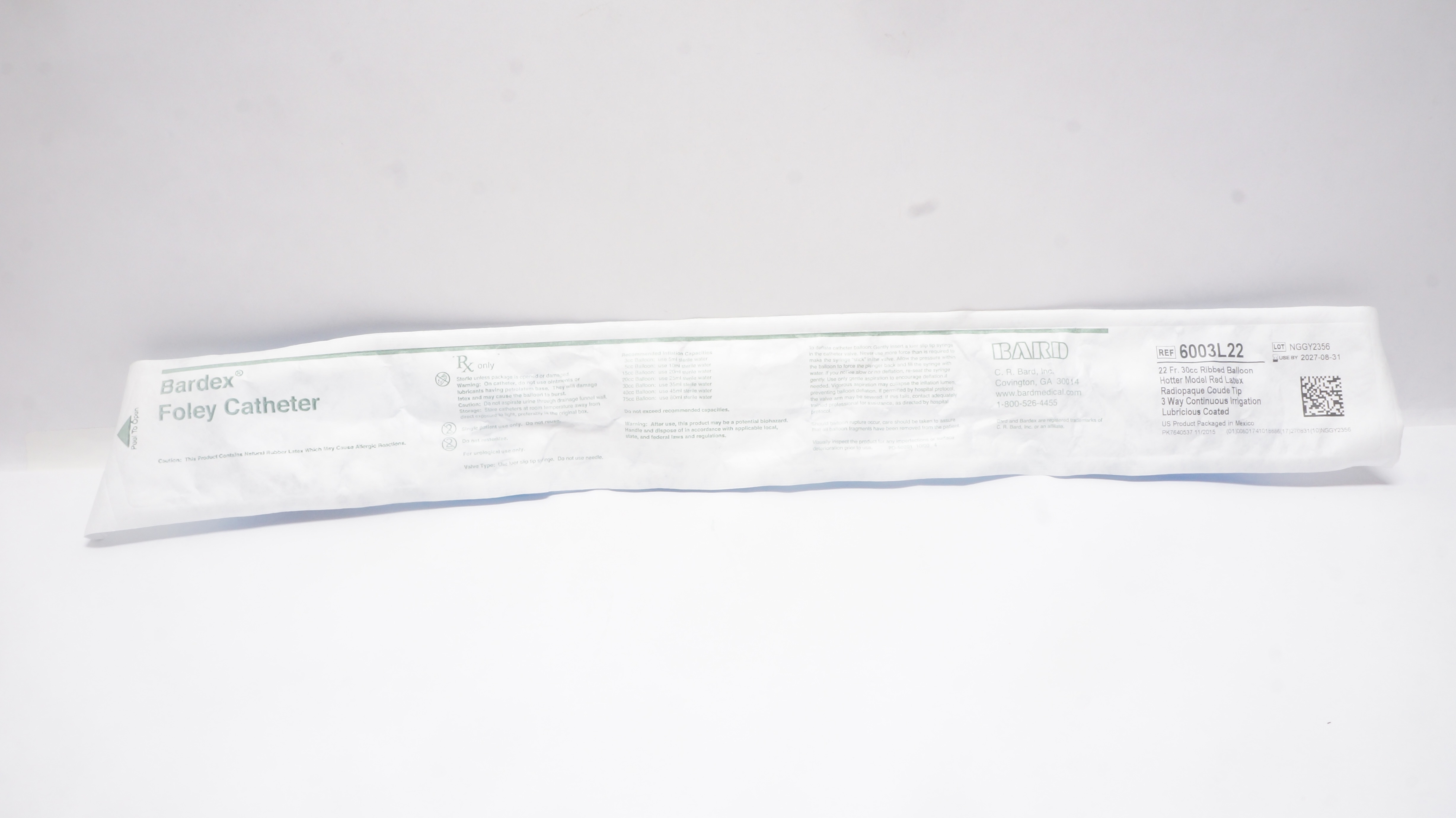 Bard 6003L22 Bardex Foley Cath. 22Fr 30cc Ribbed Balloon Hotter Model Coude Tip