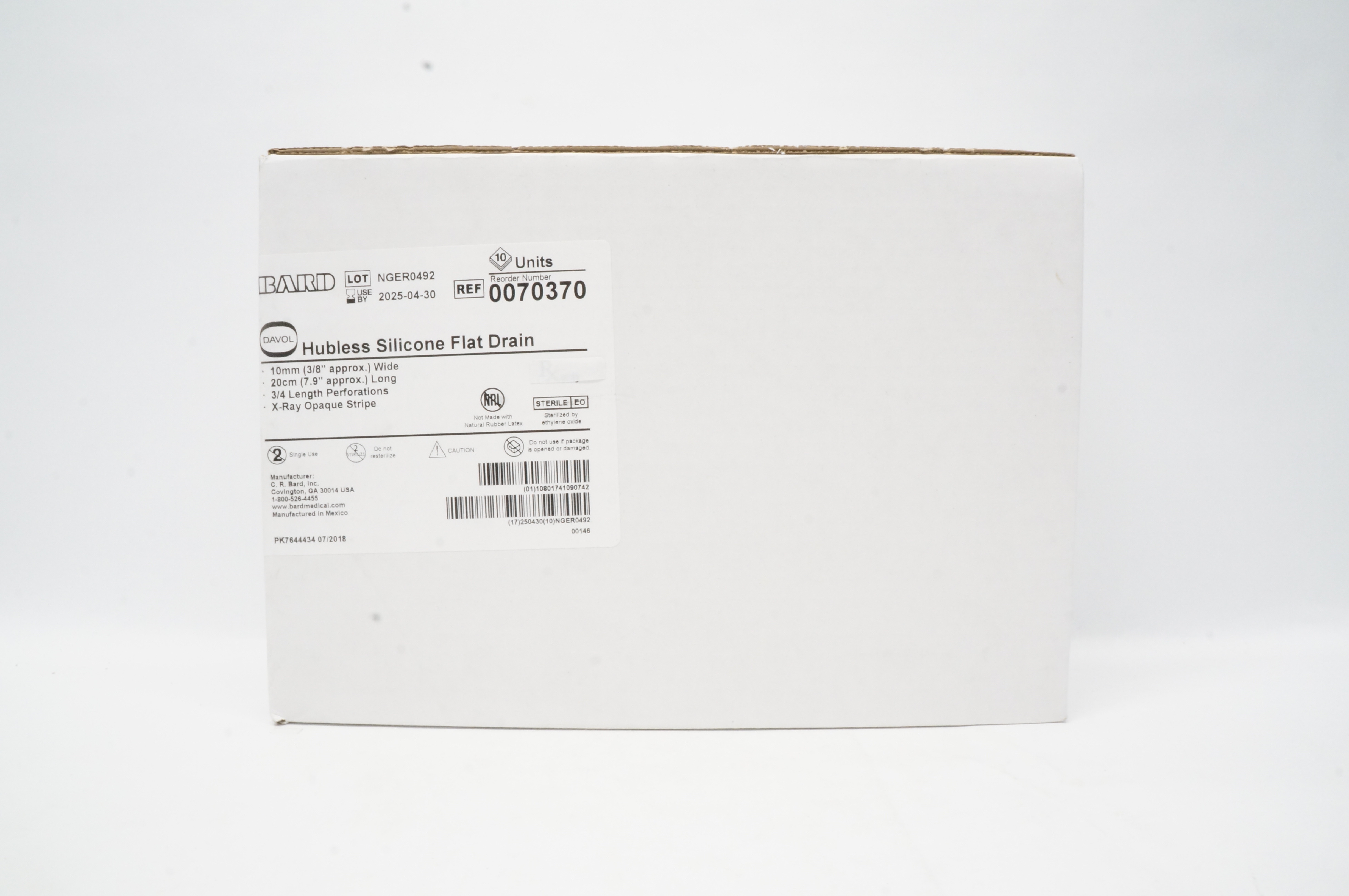 Bard 0070370 Davol Hubless Silicone Flat Drain 3/8 inch x 7.9 inch - Box of 10