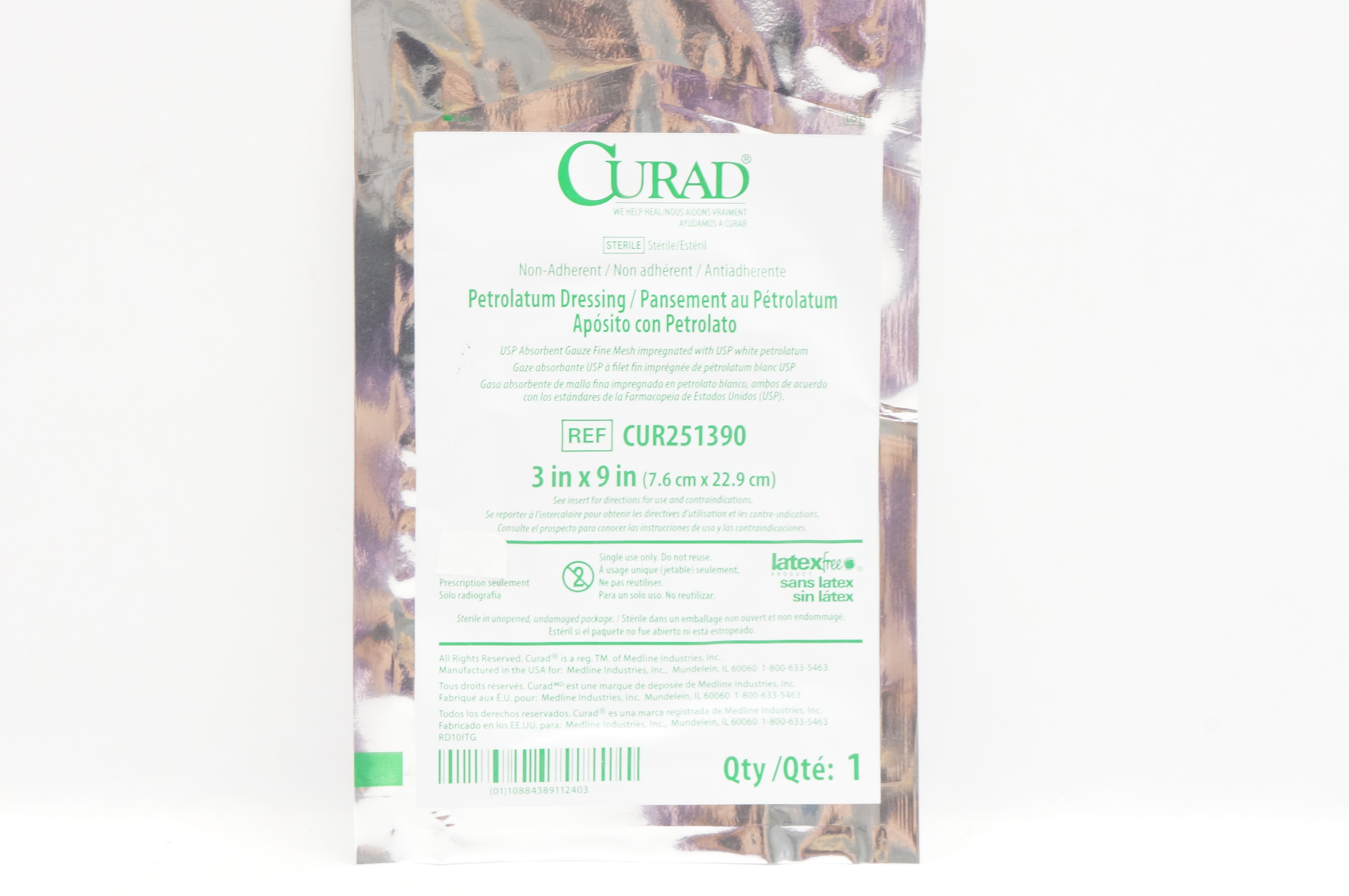 Medline CUR251390 Curad Non-Adherent Petrolatum Dressing 3inch x 9inch (x)