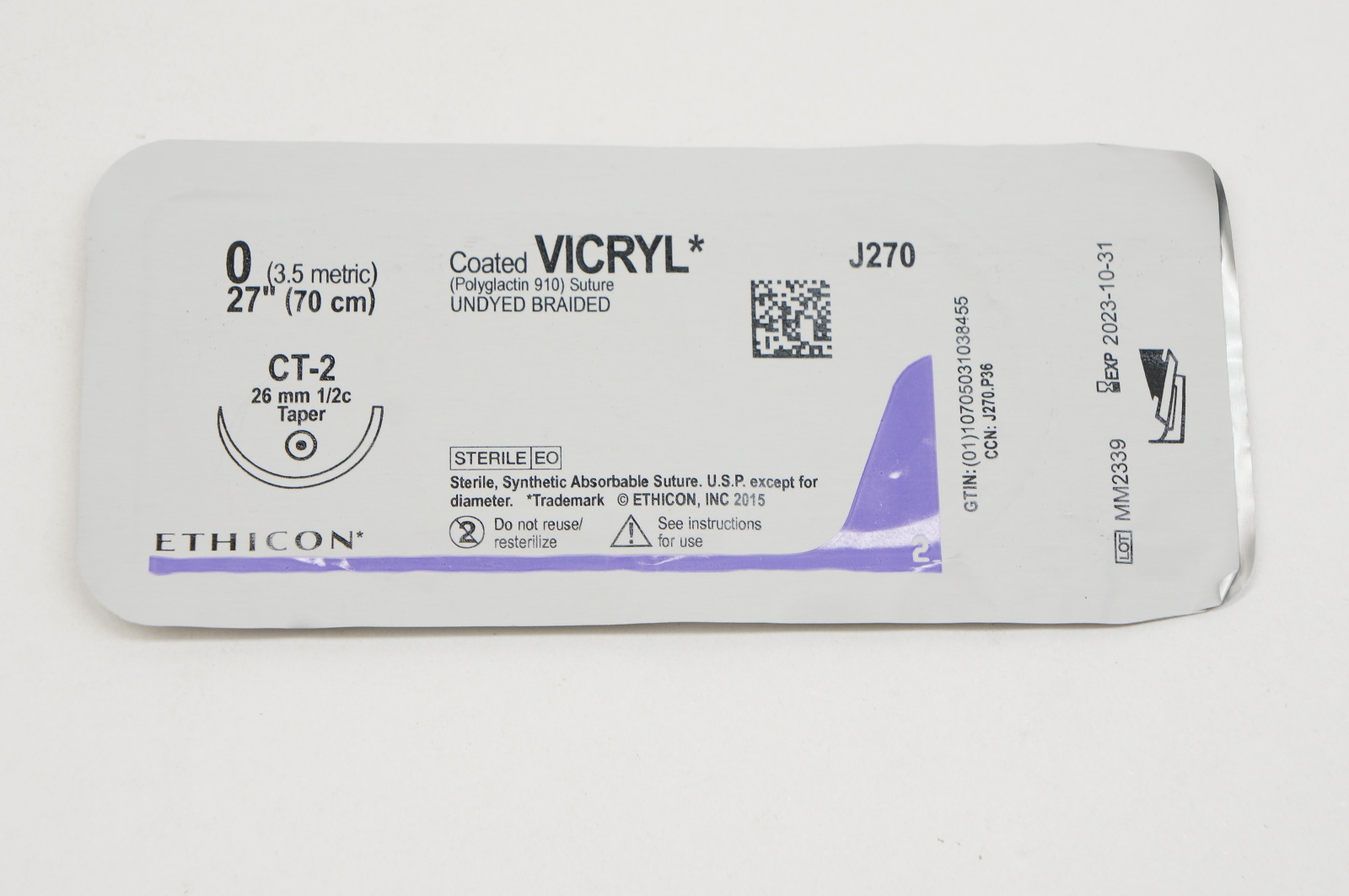 Ethicon J270 0 VICRYL, CT-2, 26mm 1/2c Taper, 27inch