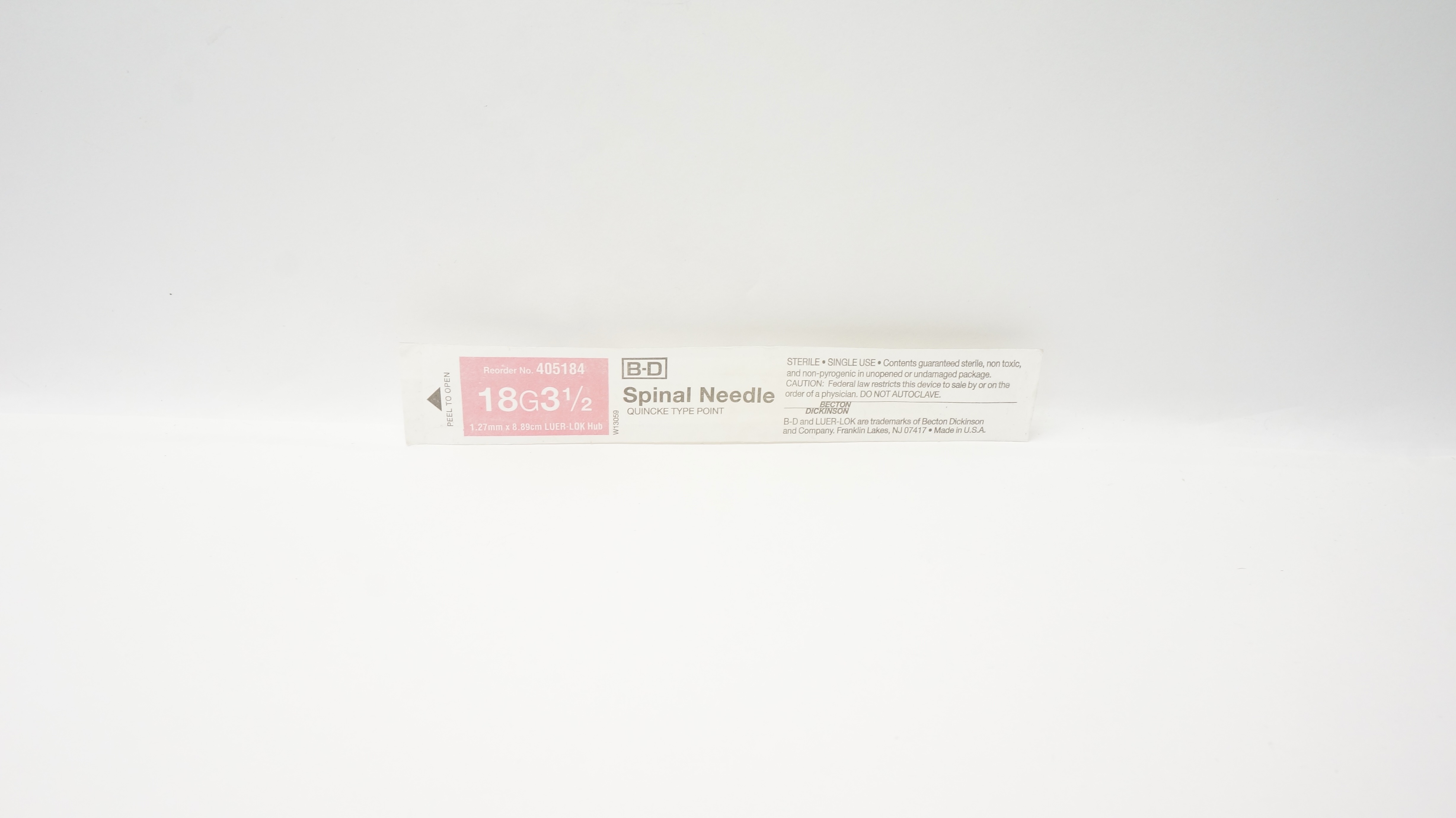 BD 405184 Spinal Ndle. Quincke Type Point 18GA x 3-1/2inch