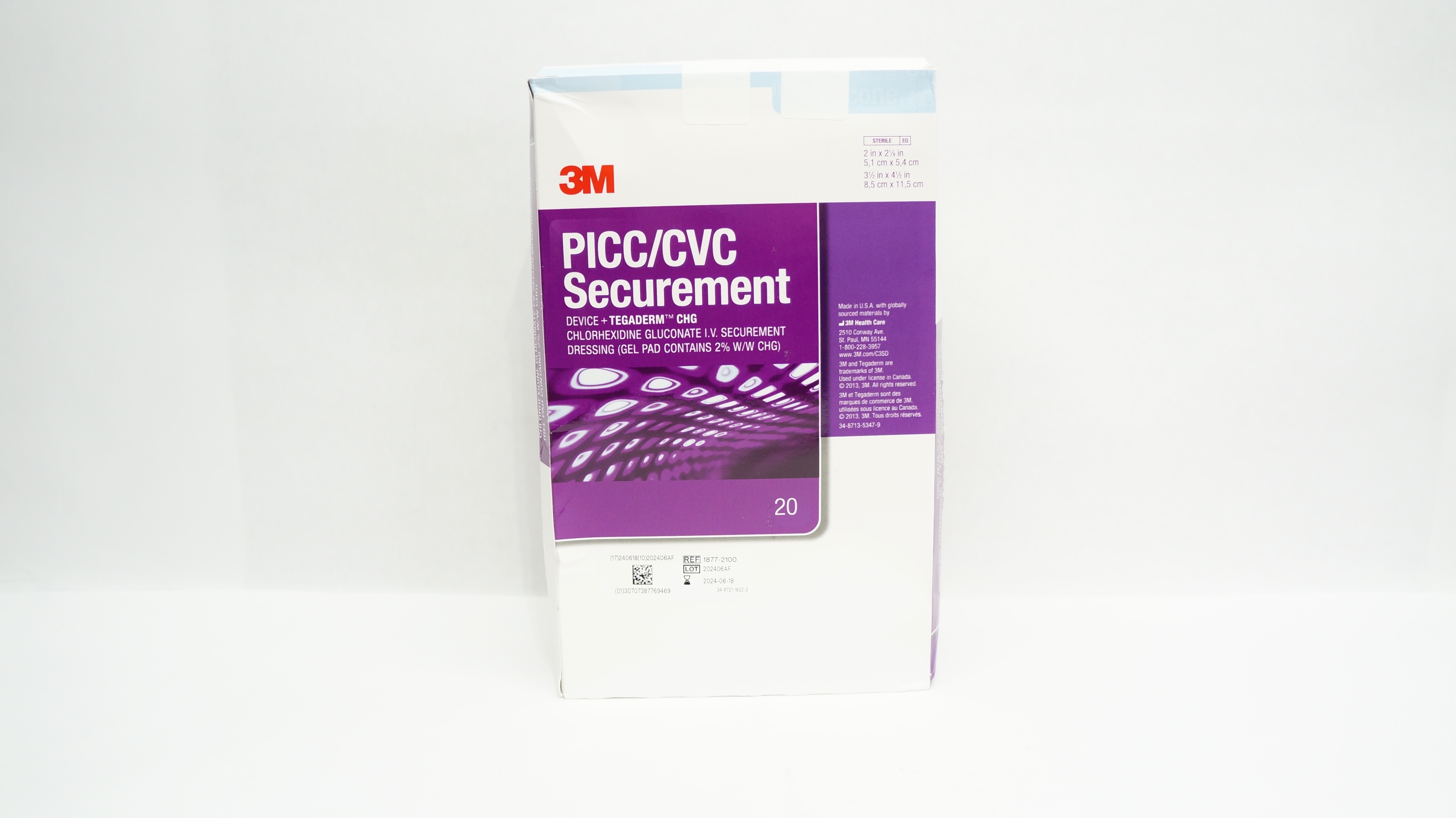3M 1877-2100 PICC/CVC Securement Device CHG Dressing 2 x 2-1/8inch - Box of 19
