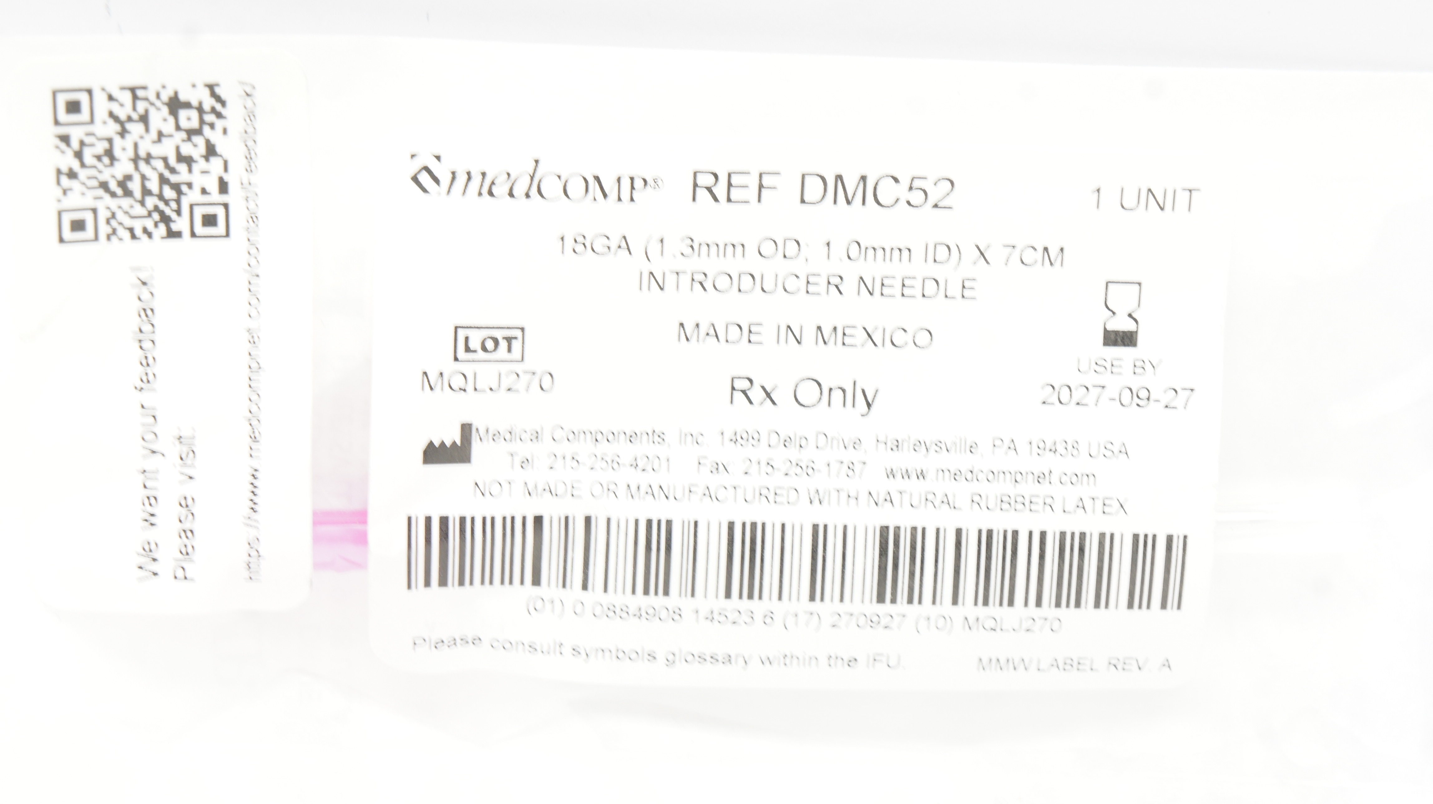 Medcomp DMC52 Introducer Ndle 18Ga x 7cm