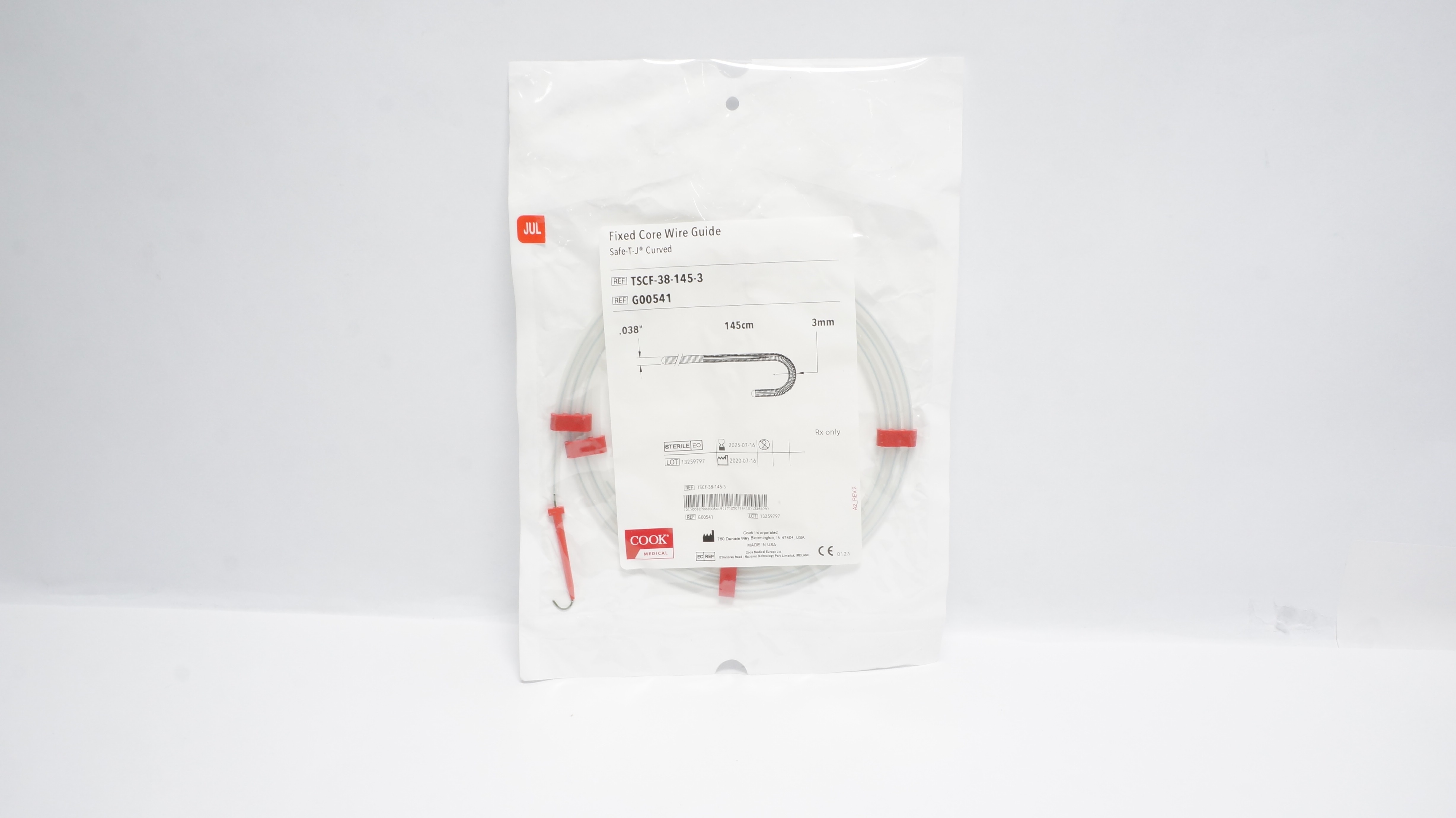 Cook G00541 Fixed-Core Wire Guide, Safe-T-J Curved Tip, 0.038in. dia. x 145cm(x)