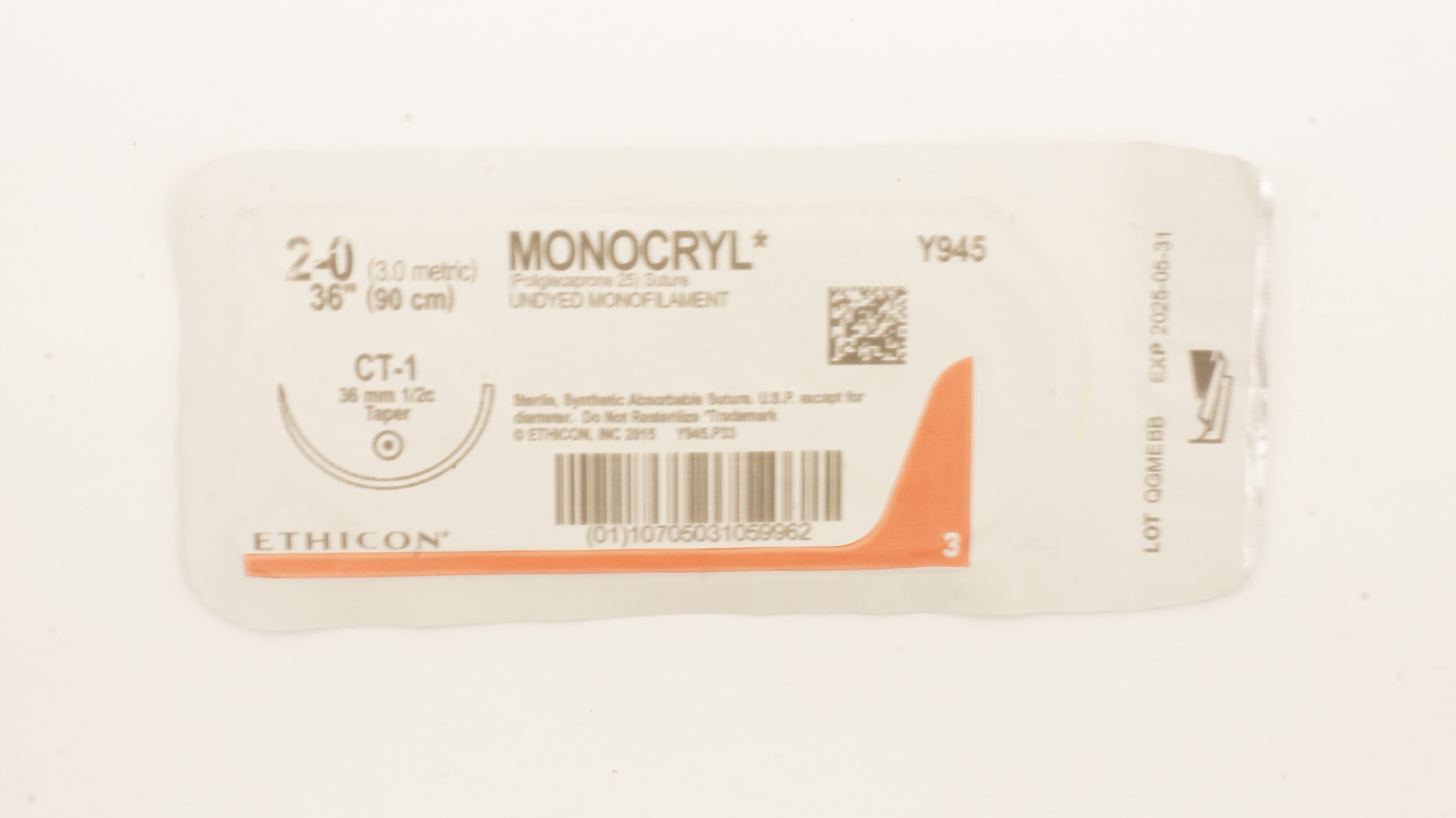 Ethicon Y945 2-0 MONOCRYL Poliglecaprone 25 Stre CT-1, 36mm 1/2c Taper, 36inch