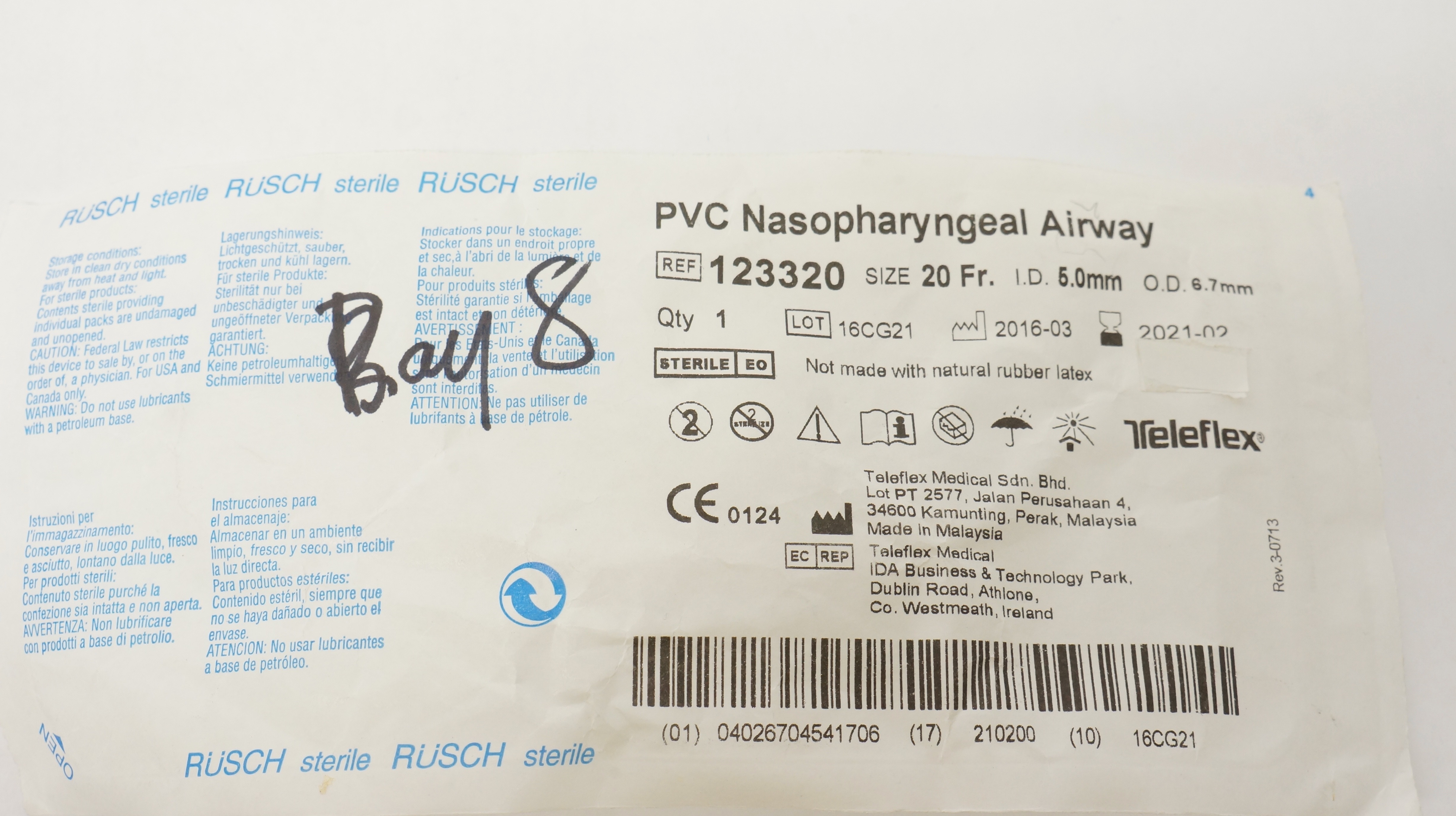 Teleflex 123320 Rusch PVC Nasopharyngeal Airway 20Fr x 5.0mm ID x 6.7mm OD (x)