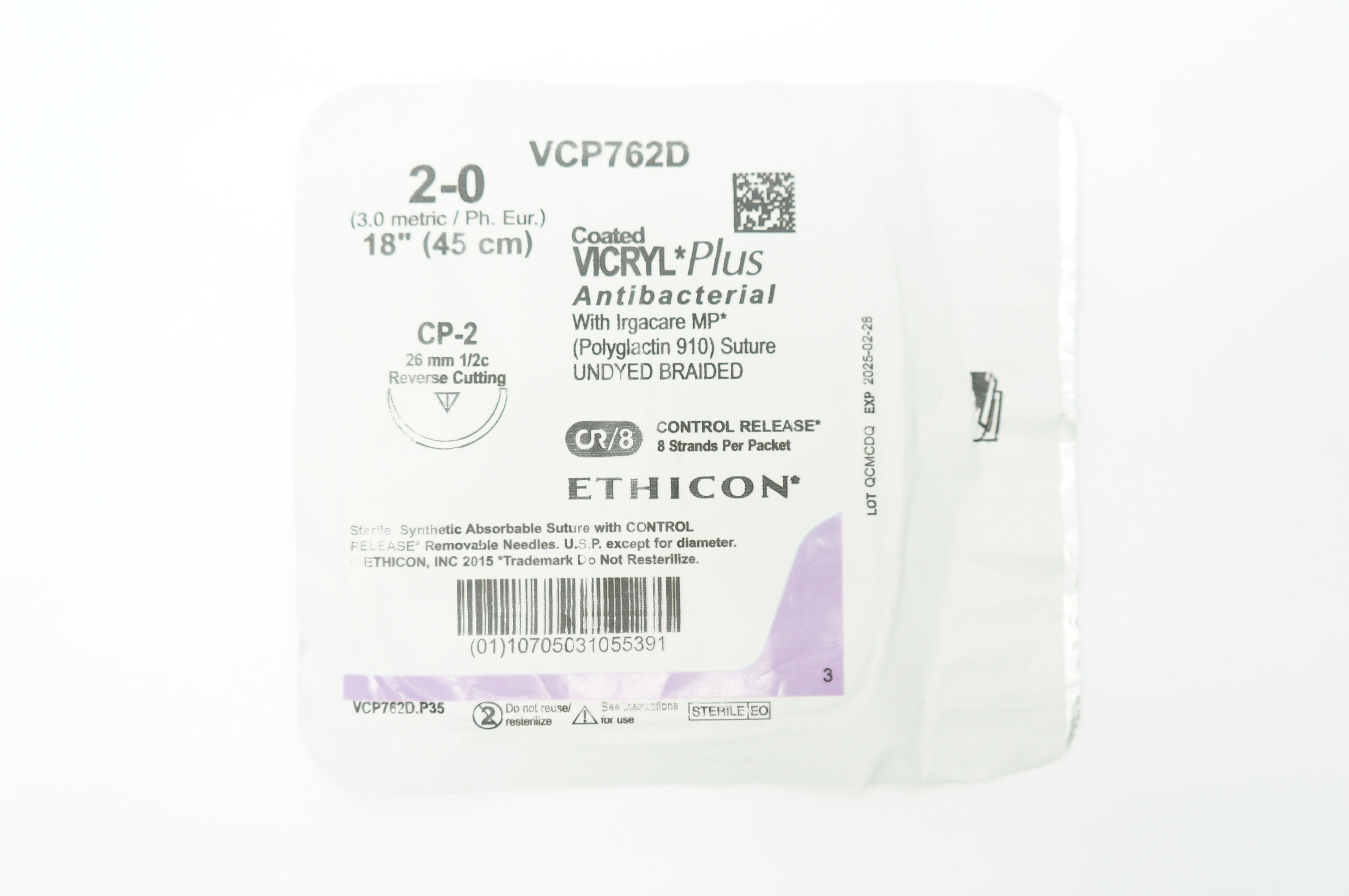 Ethicon VCP762D 2-0 Coated VICRYL Plus CP-2 26mm 1/2c 18inch