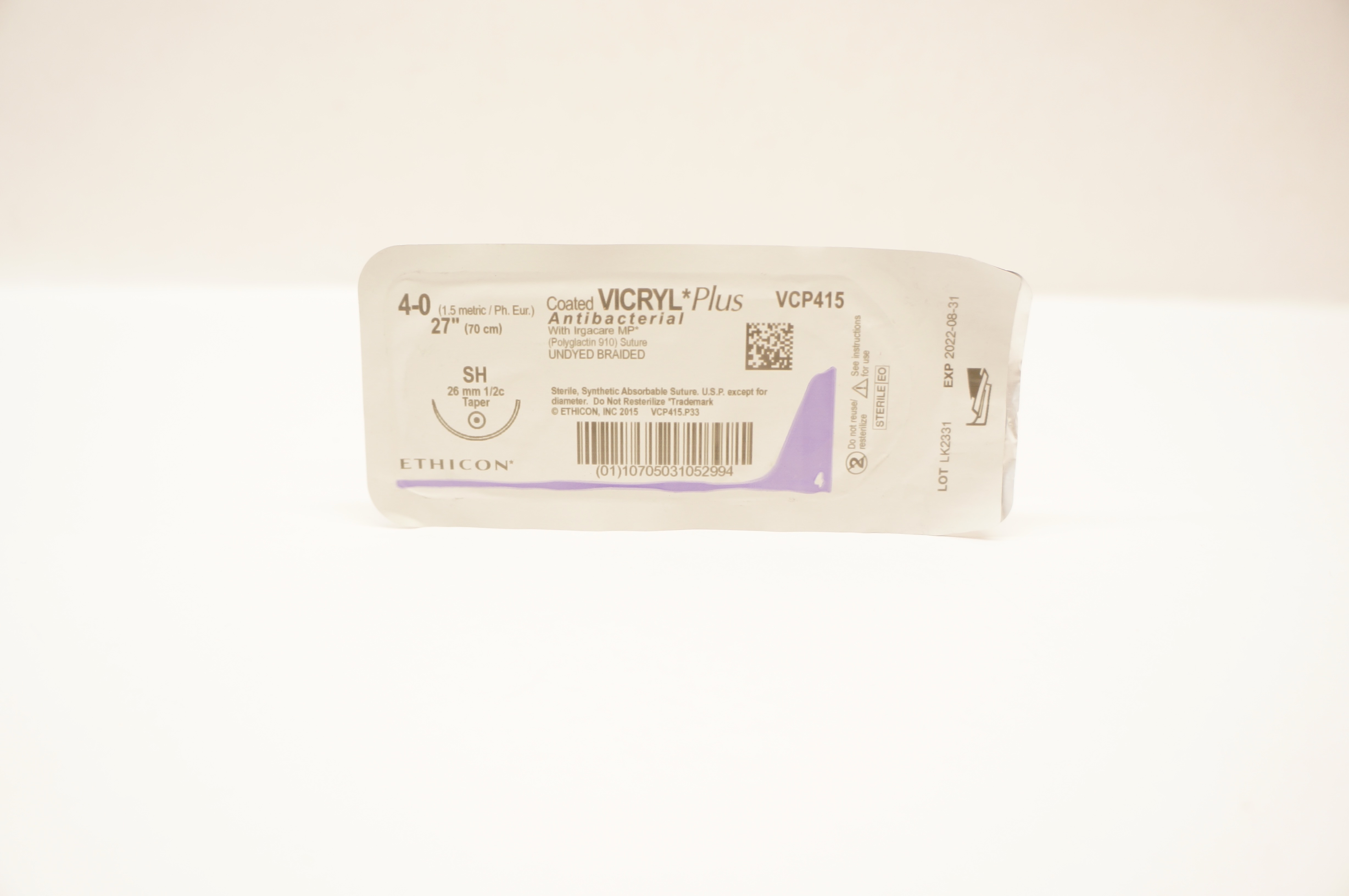 Ethicon VCP415 4-0 Coated Vicryl, SH, 26mm 1/2c Taper, 27inch (x)